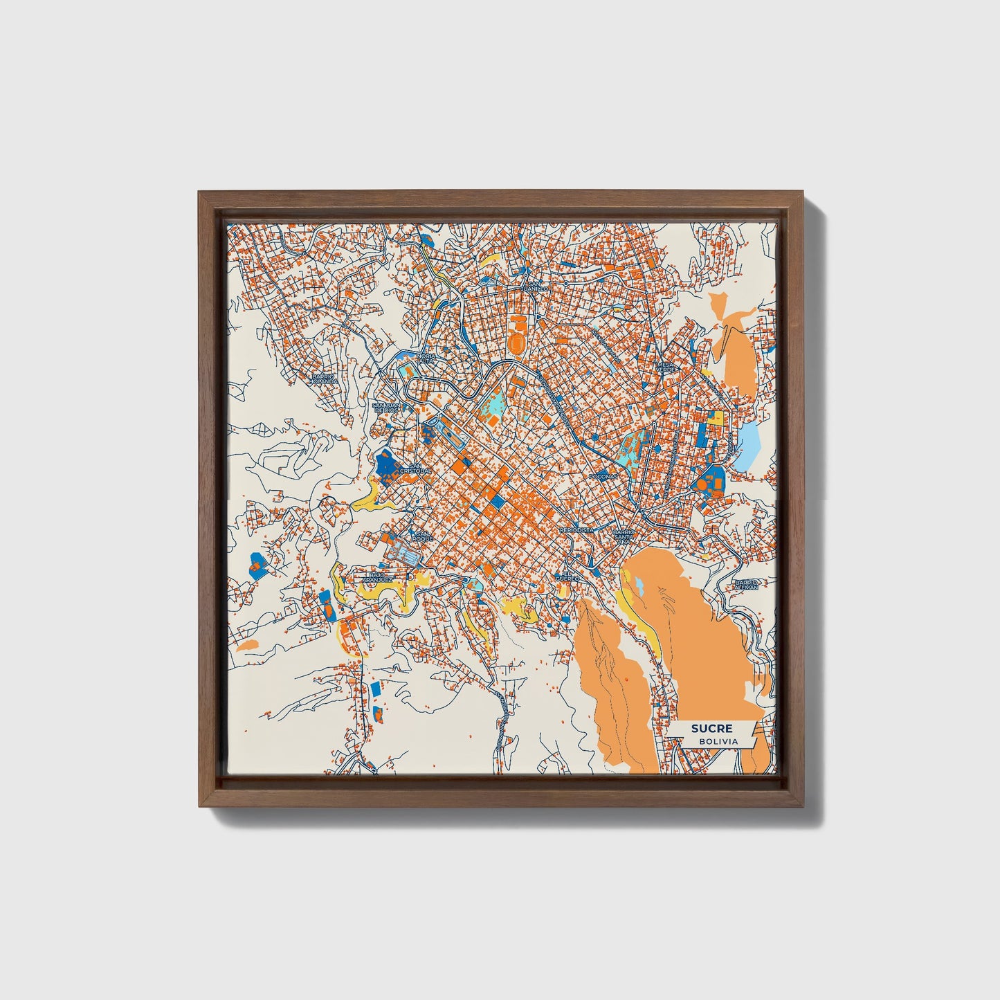 Sucre Bolivia Colorful City Map Canvas Print • Dark Wooden Framed