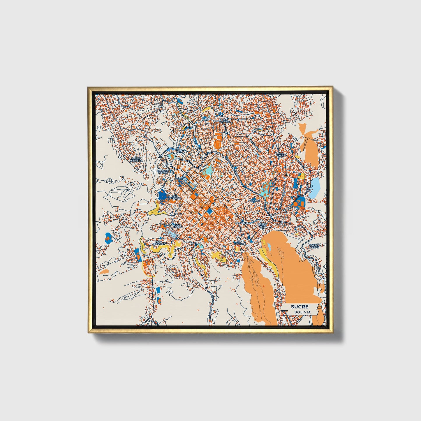 Sucre Bolivia Colorful City Map Canvas Print • Gold Framed