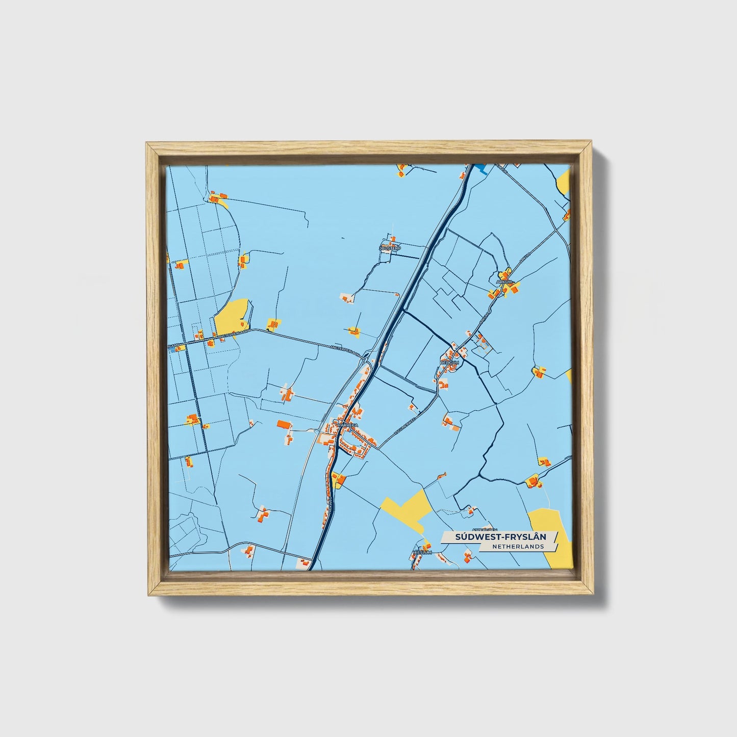 Súdwest-Fryslân Netherlands Colorful City Map Canvas Print • Natural Wooden Framed