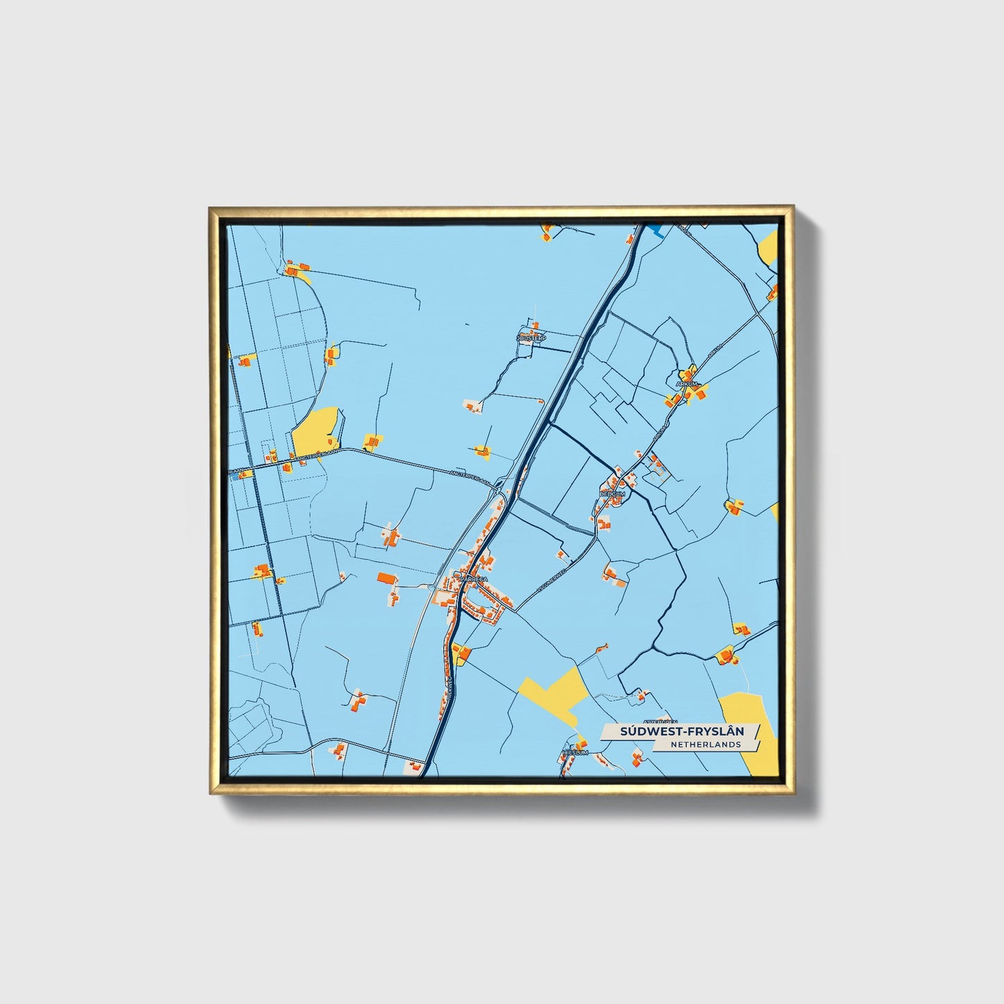 Súdwest-Fryslân Netherlands Colorful City Map Canvas Print • Gold Framed
