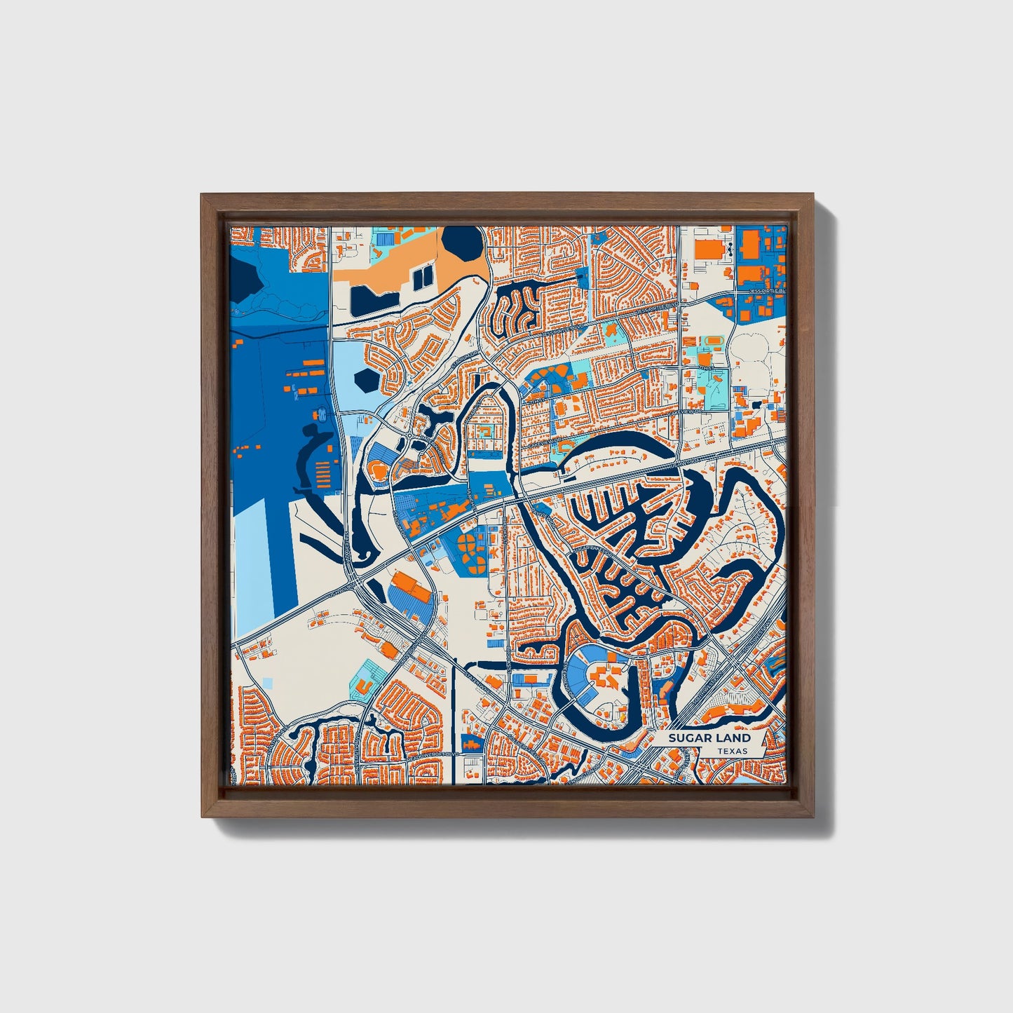 Sugar Land Texas Colorful City Map Canvas Print • Dark Wooden Framed