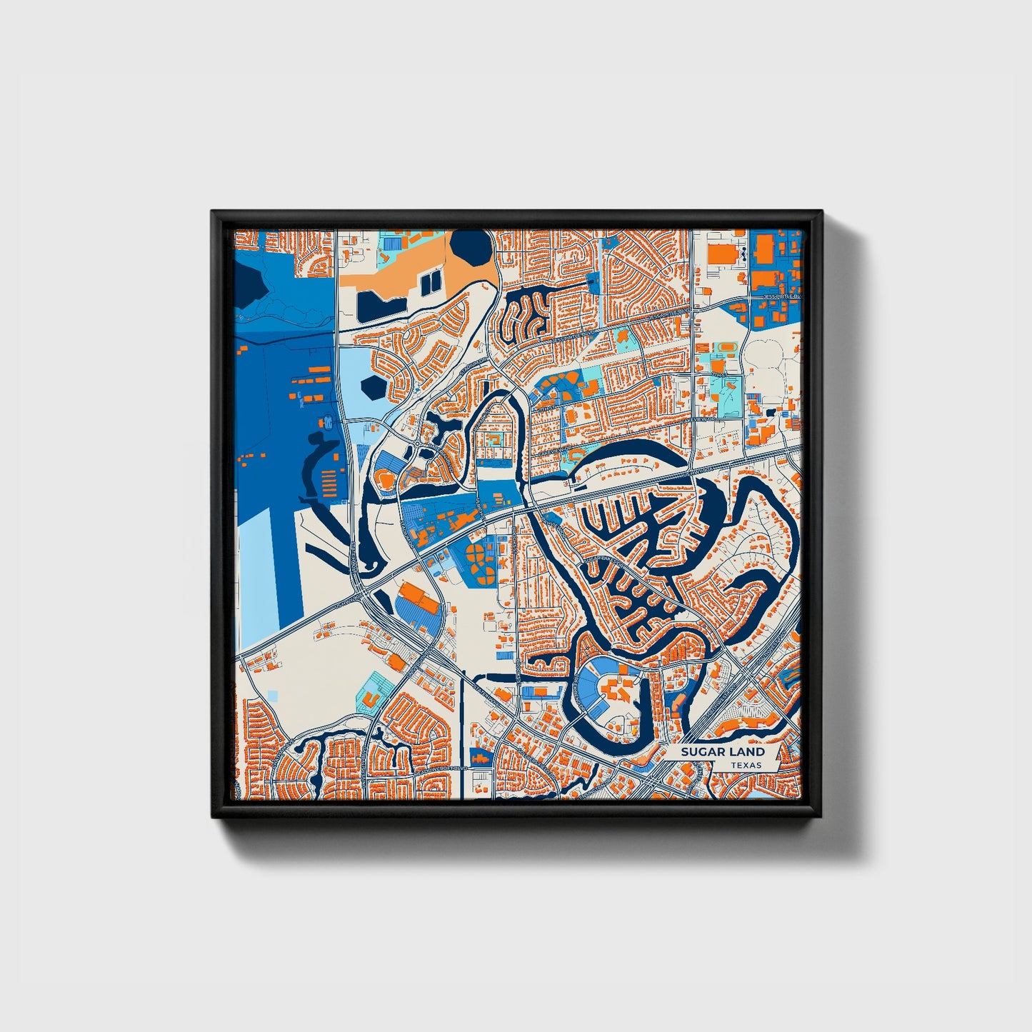 Sugar Land Texas Colorful City Map Canvas Print • Black Framed