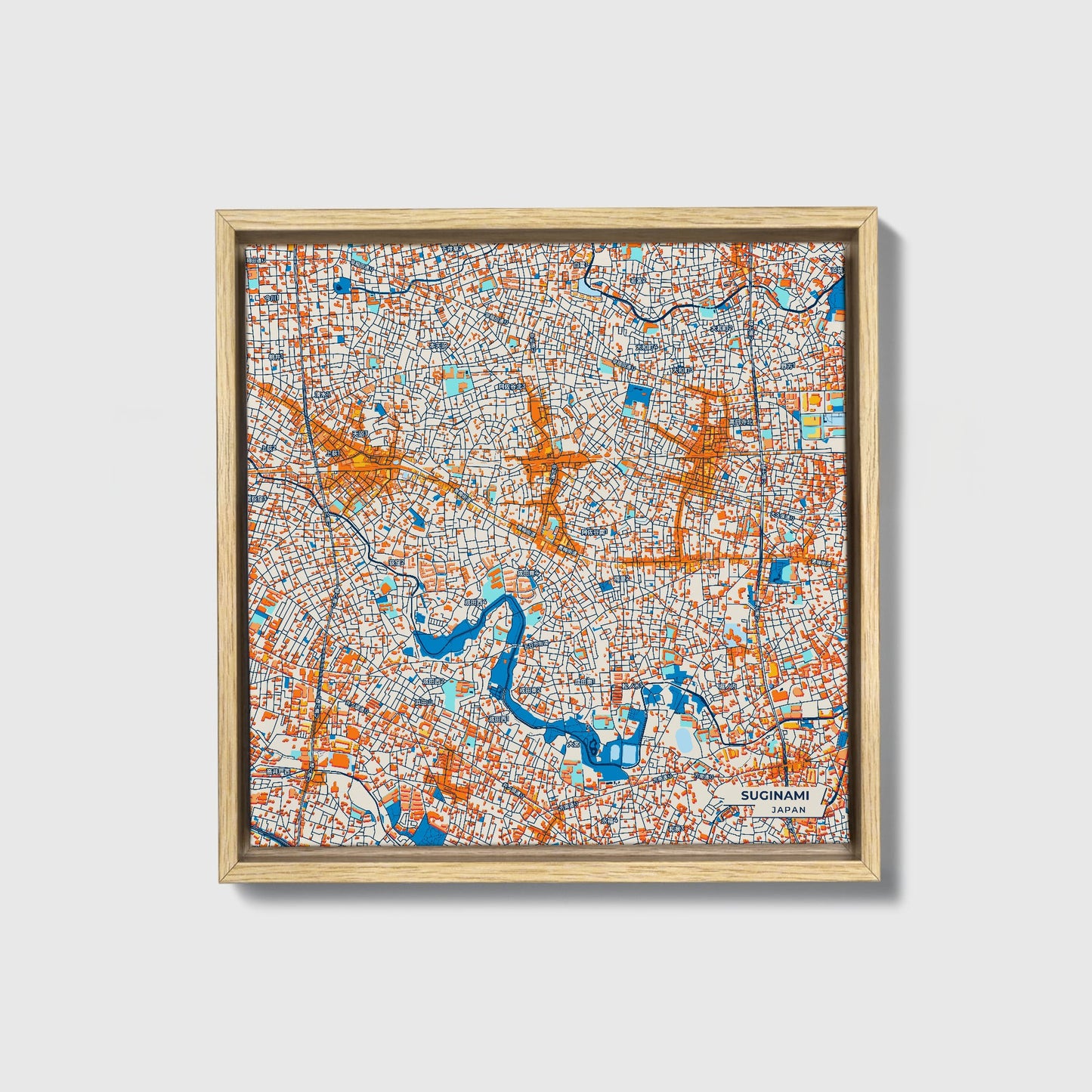 Suginami Japan Colorful City Map Canvas Print • Natural Wooden Framed