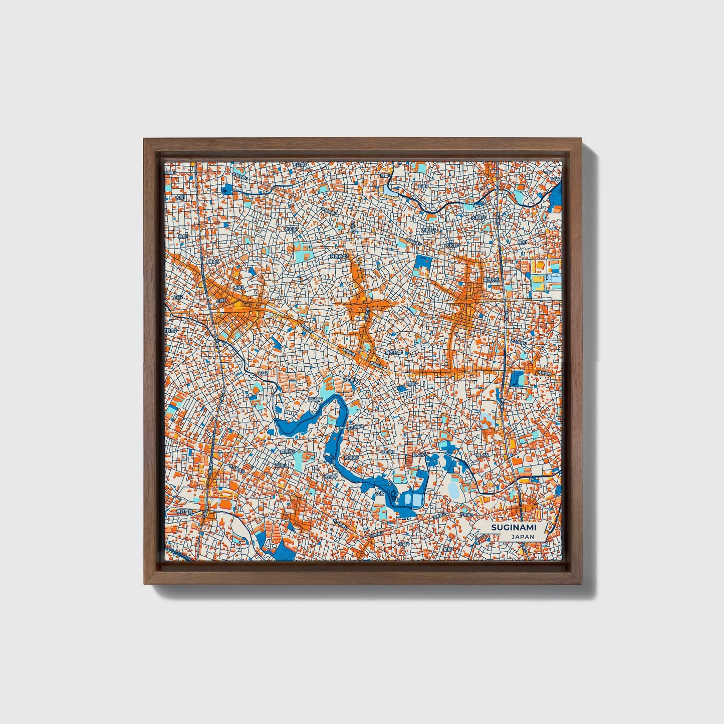 Suginami Japan Colorful City Map Canvas Print • Dark Wooden Framed