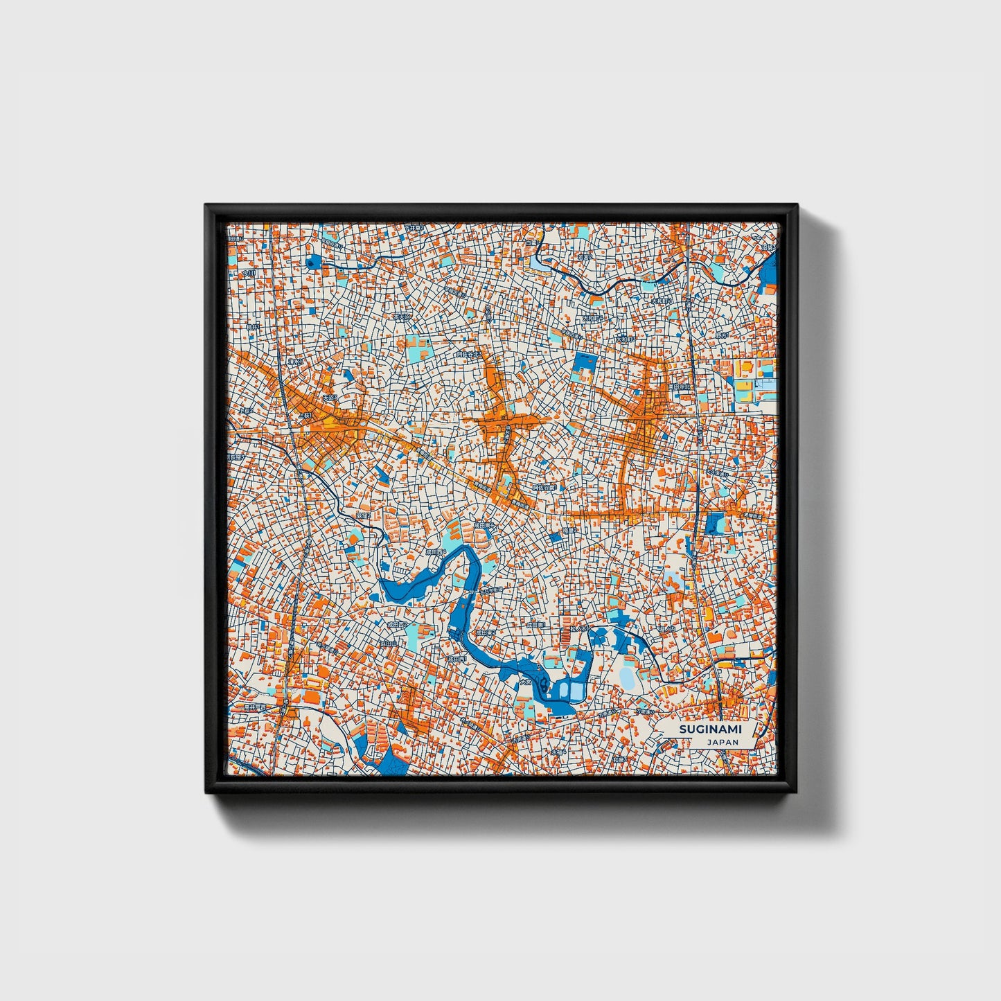 Suginami Japan Colorful City Map Canvas Print • Black Framed