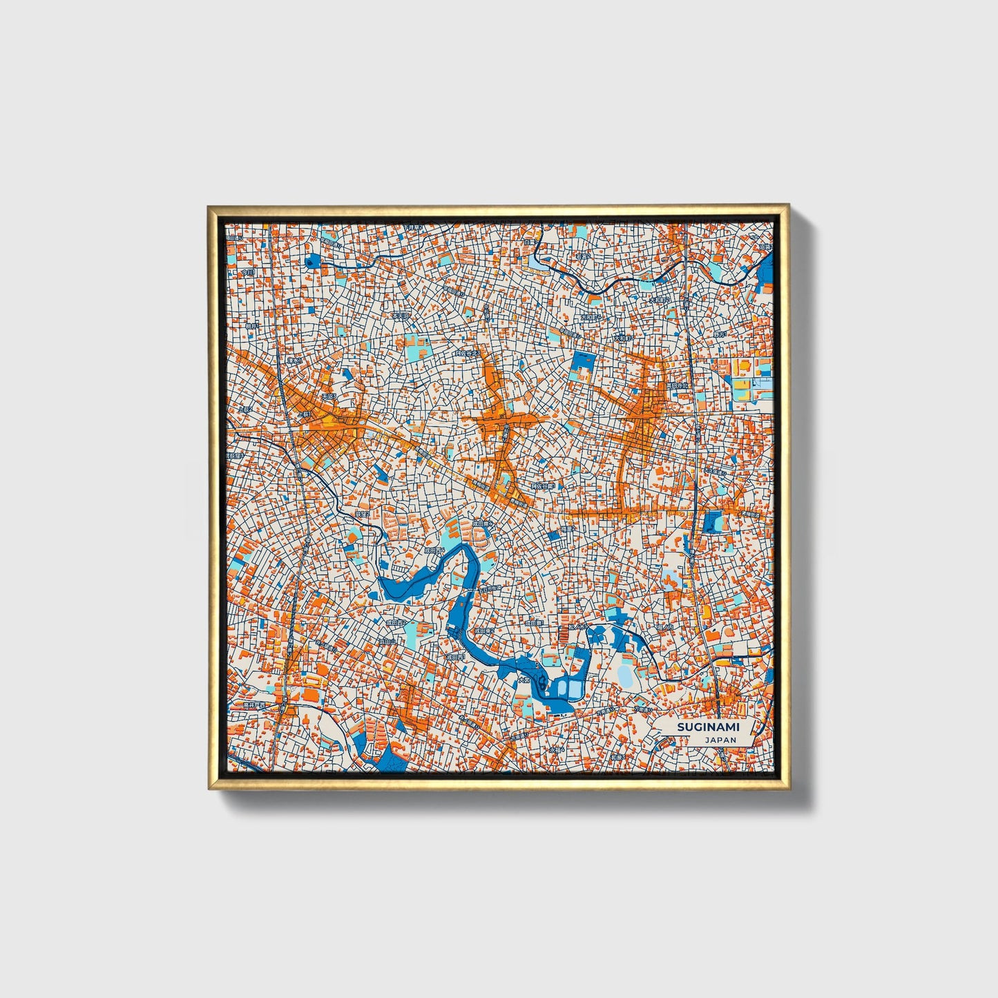 Suginami Japan Colorful City Map Canvas Print • Gold Framed
