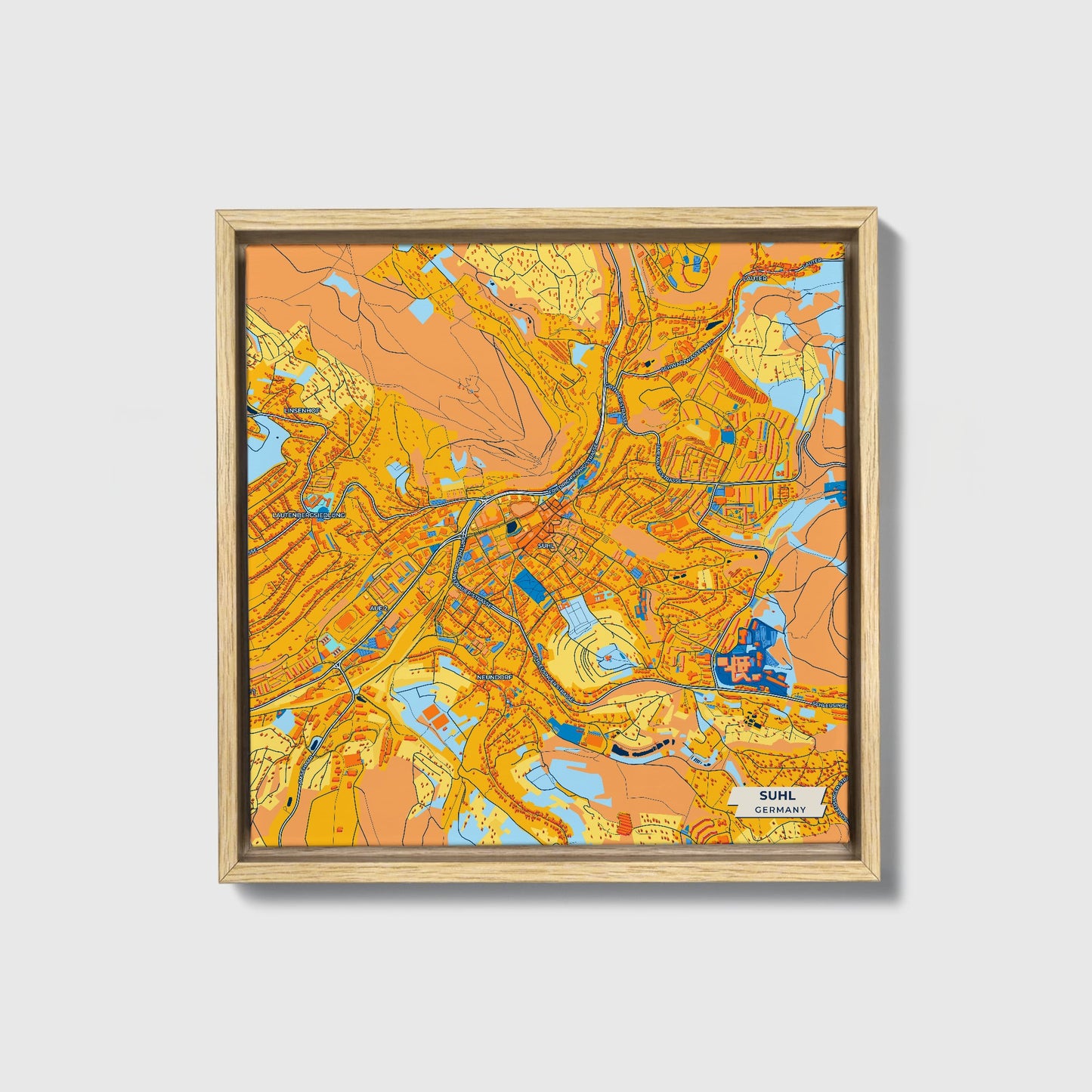 Suhl Germany Colorful City Map Canvas Print • Natural Wooden Framed