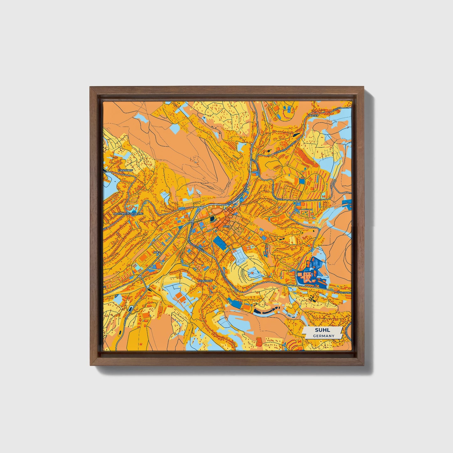 Suhl Germany Colorful City Map Canvas Print • Dark Wooden Framed