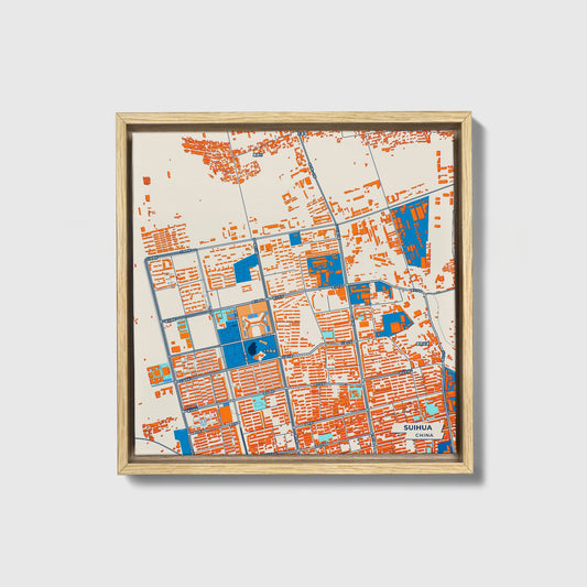 Suihua China Colorful City Map Canvas Print • Natural Wooden Framed