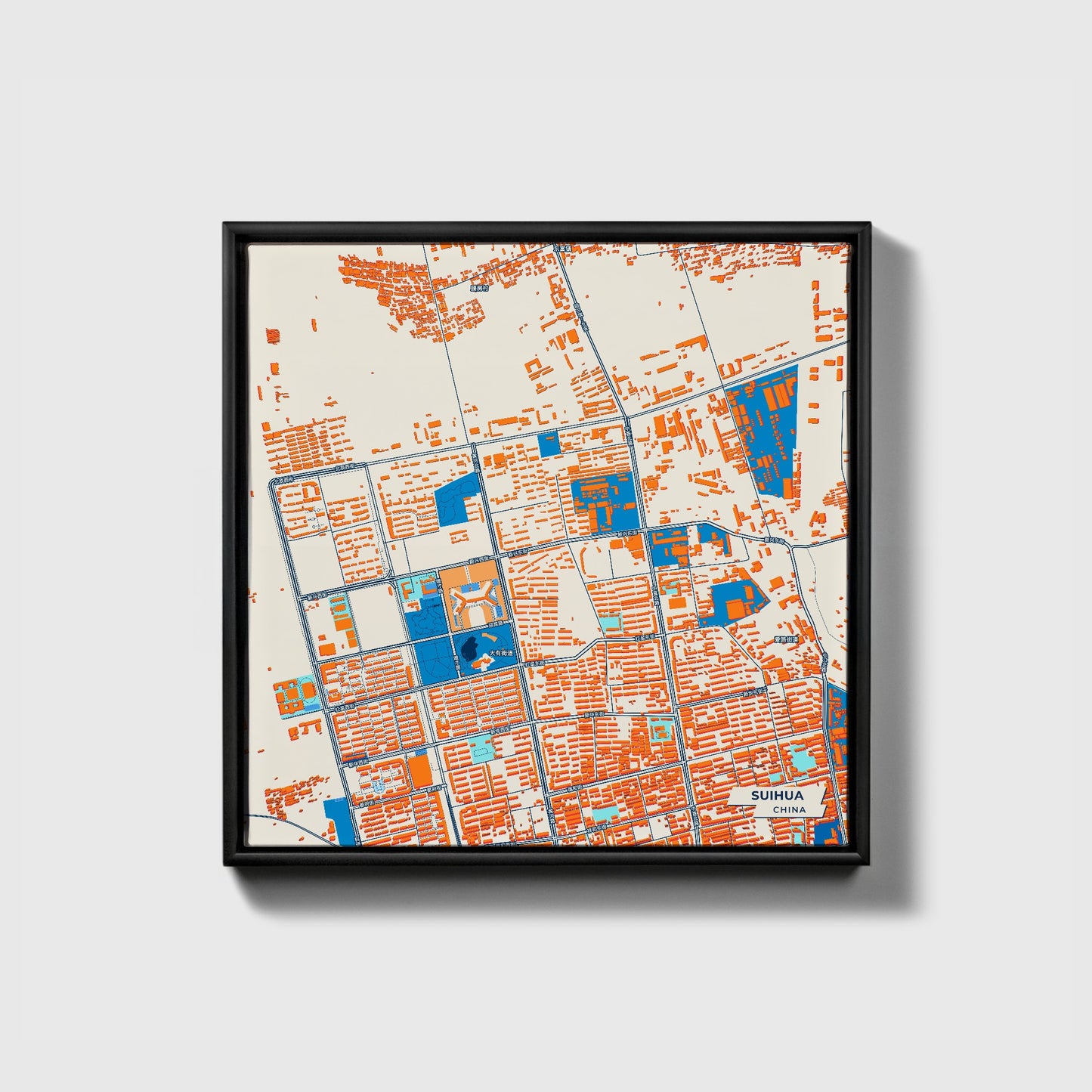 Suihua China Colorful City Map Canvas Print • Black Framed