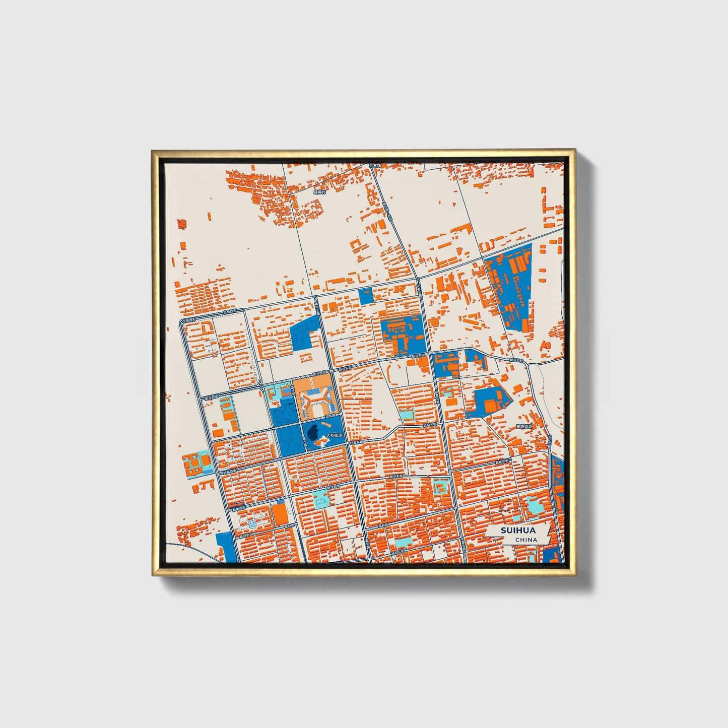 Suihua China Colorful City Map Canvas Print • Gold Framed