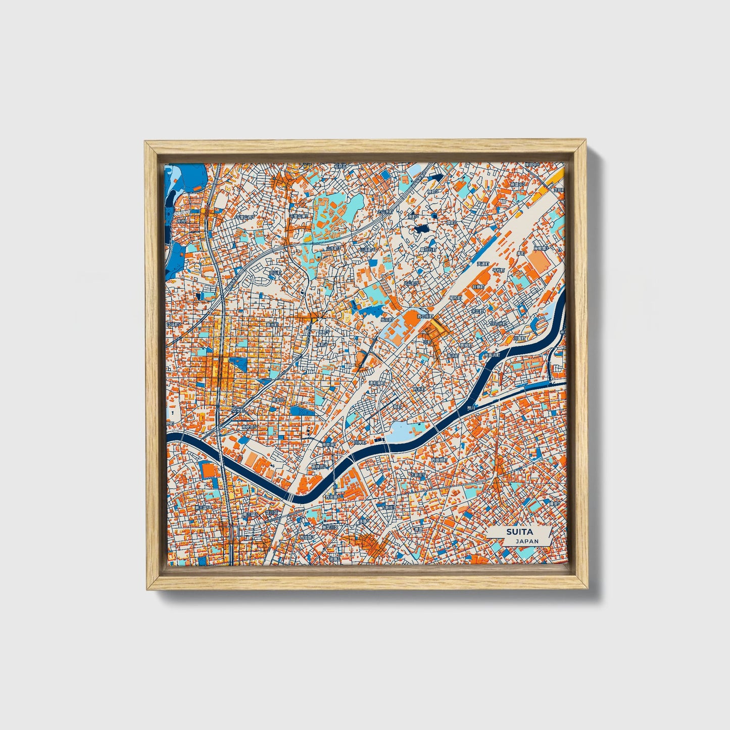 Suita Japan Colorful City Map Canvas Print • Natural Wooden Framed