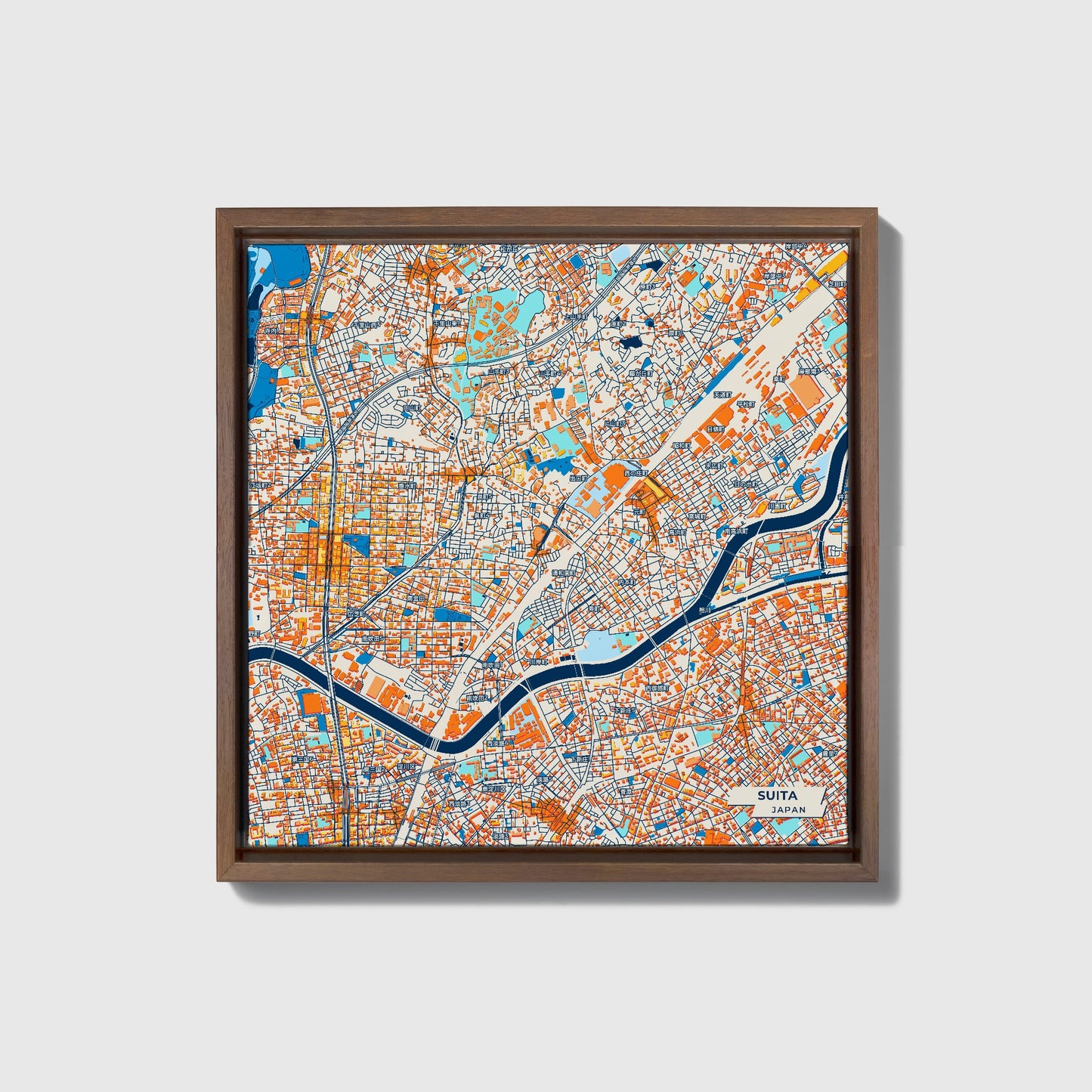 Suita Japan Colorful City Map Canvas Print • Dark Wooden Framed