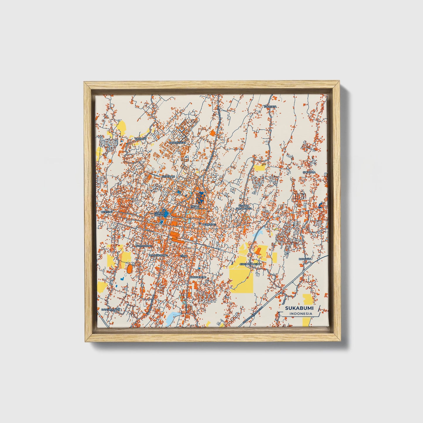Sukabumi Indonesia Colorful City Map Canvas Print • Natural Wooden Framed
