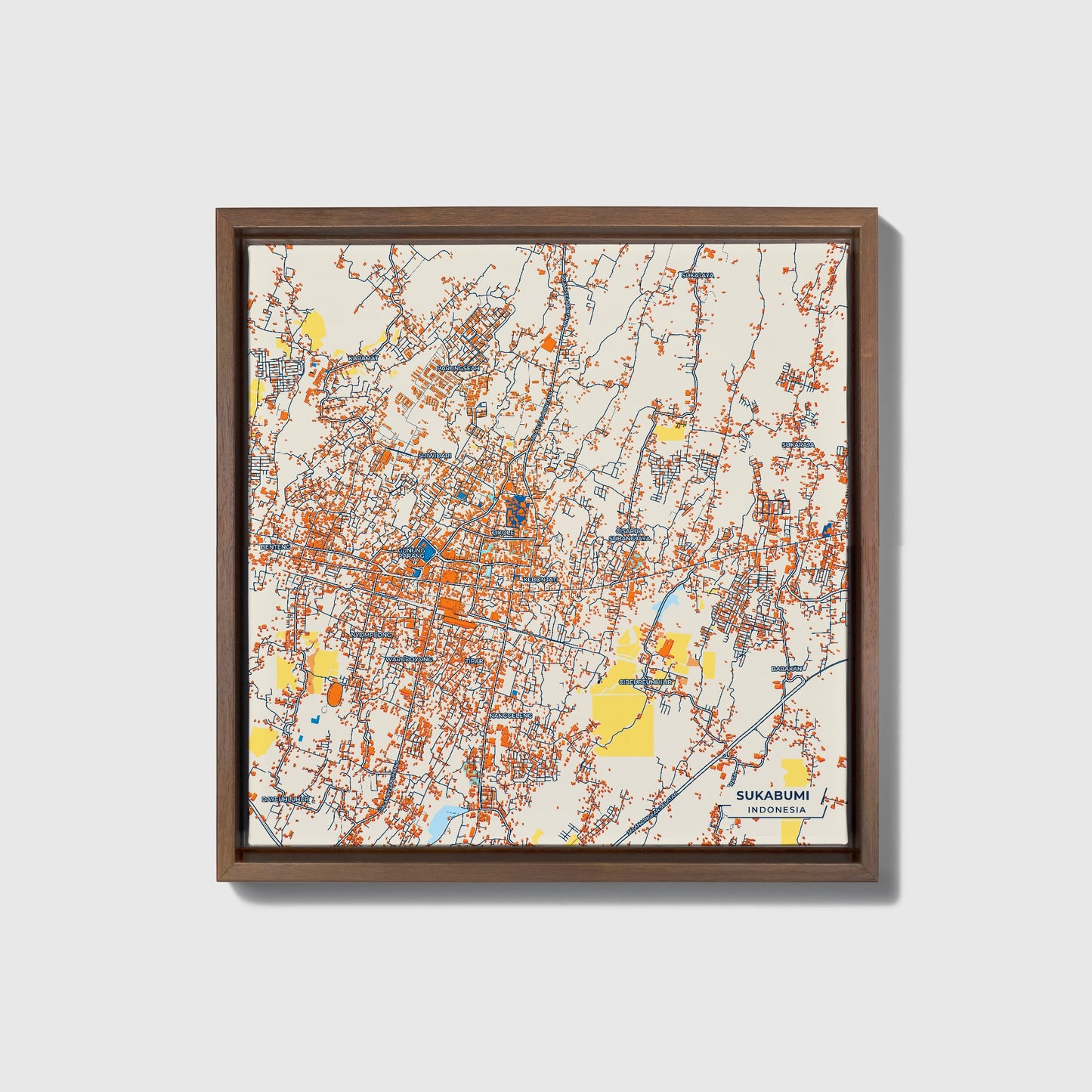 Sukabumi Indonesia Colorful City Map Canvas Print • Dark Wooden Framed