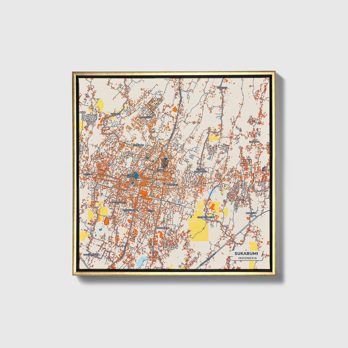 Sukabumi Indonesia Colorful City Map Canvas Print • Gold Framed