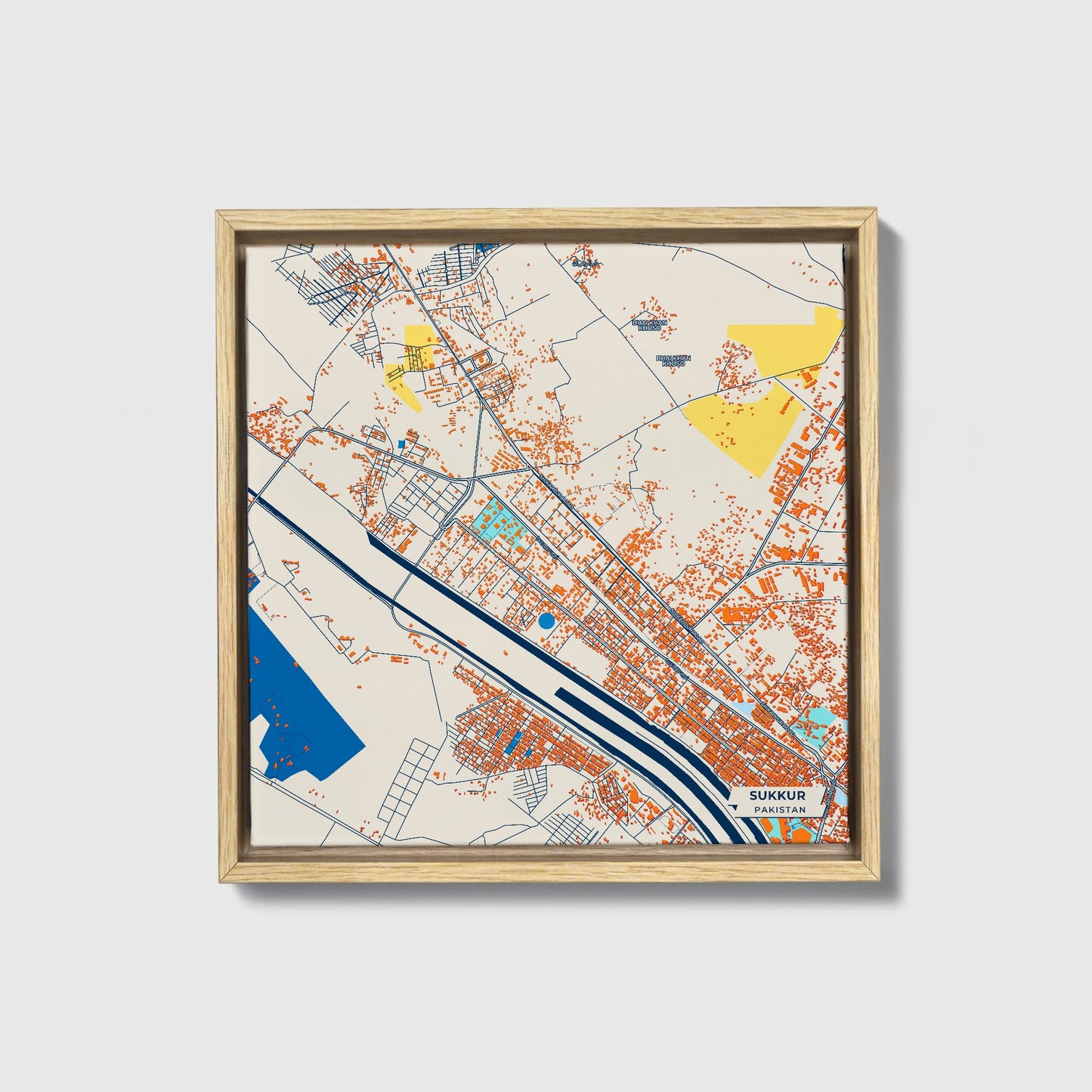 Sukkur Pakistan Colorful City Map Canvas Print • Natural Wooden Framed