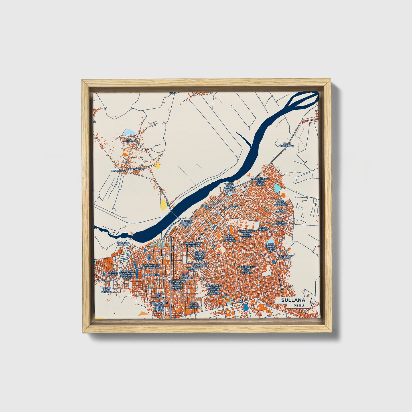 Sullana Peru Colorful City Map Canvas Print • Natural Wooden Framed