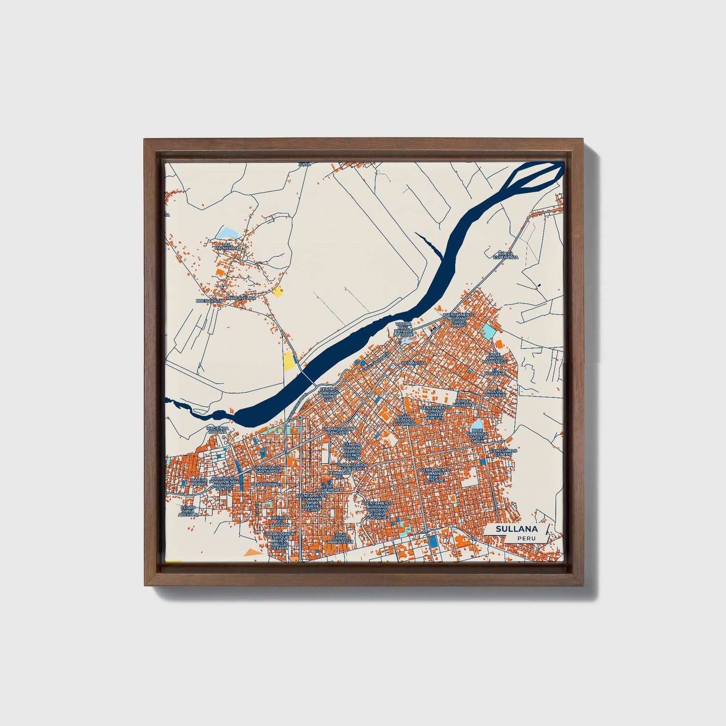 Sullana Peru Colorful City Map Canvas Print • Dark Wooden Framed