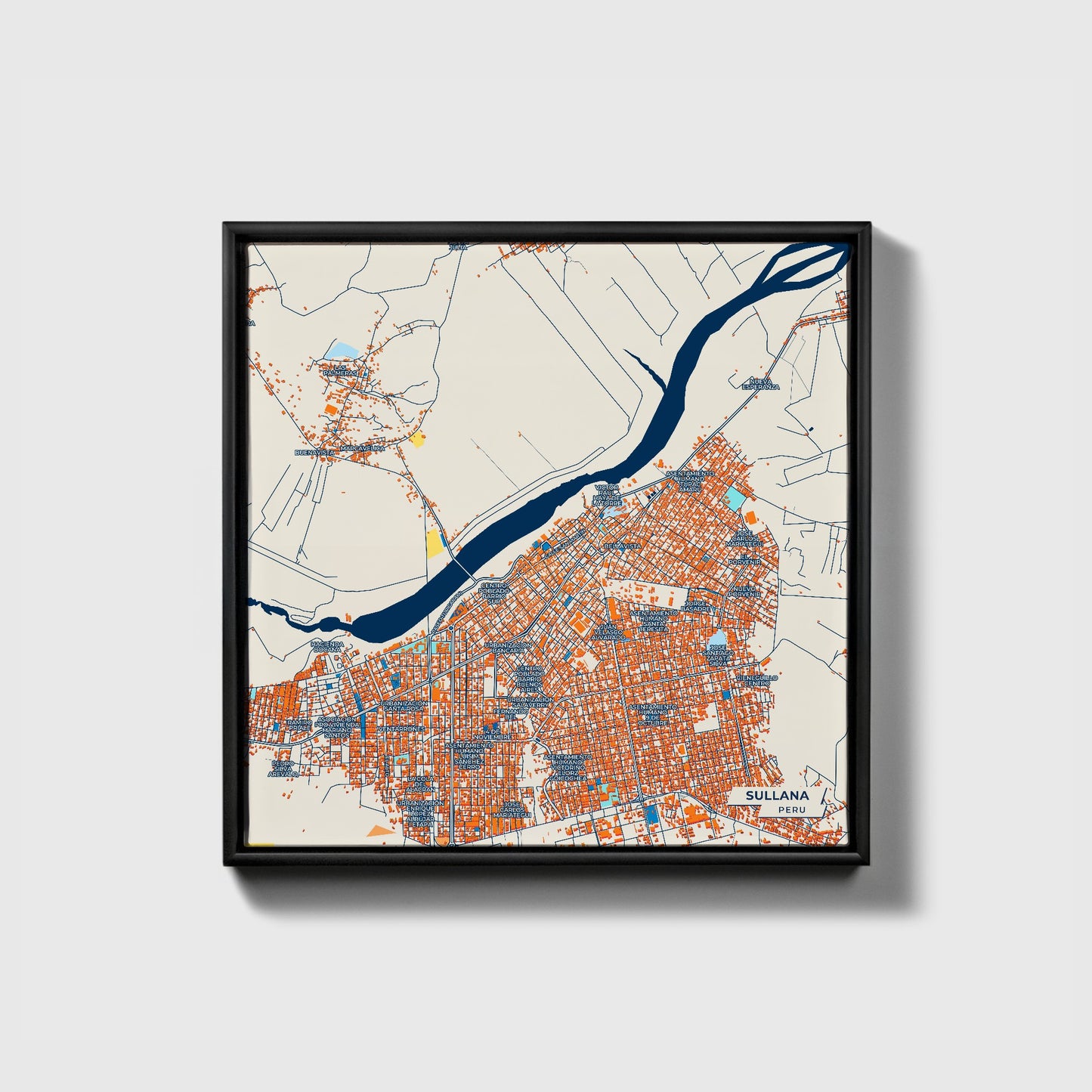 Sullana Peru Colorful City Map Canvas Print • Black Framed