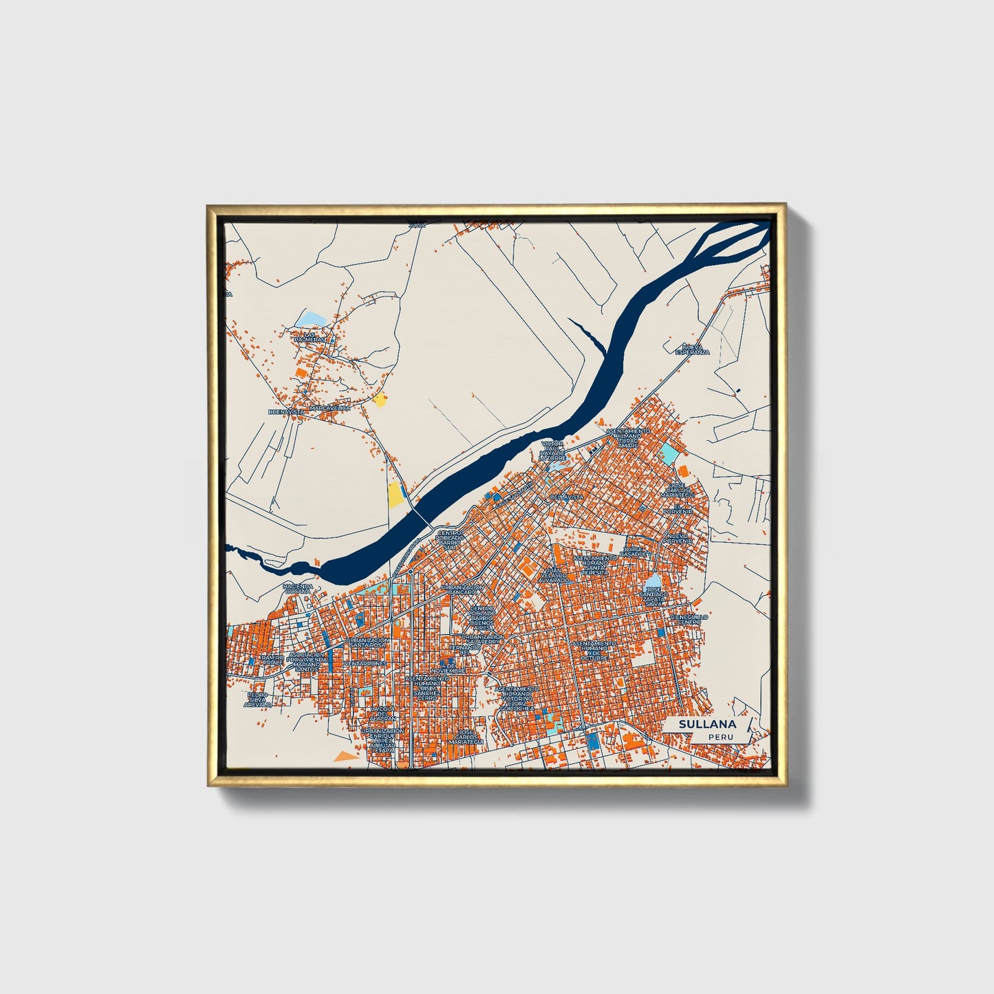 Sullana Peru Colorful City Map Canvas Print • Gold Framed