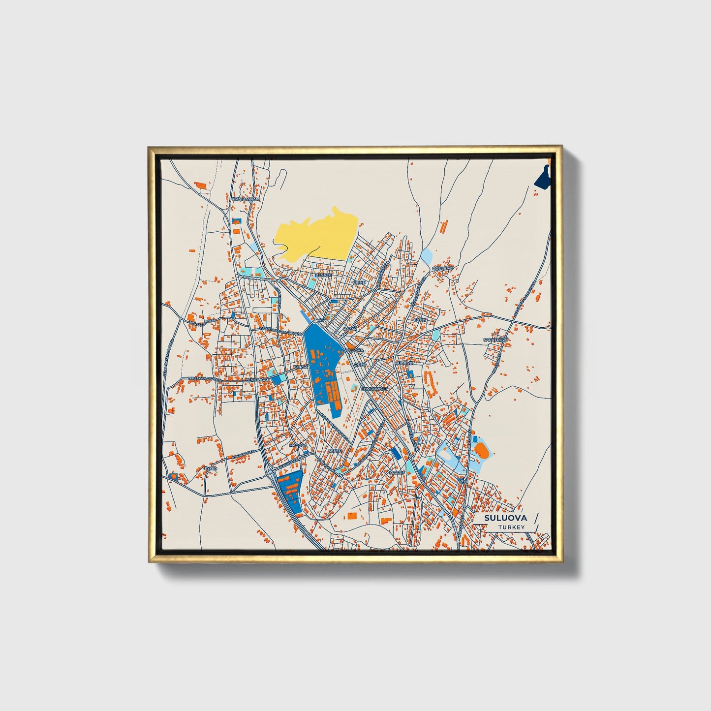 Suluova Turkey Colorful City Map Canvas Print • Gold Framed