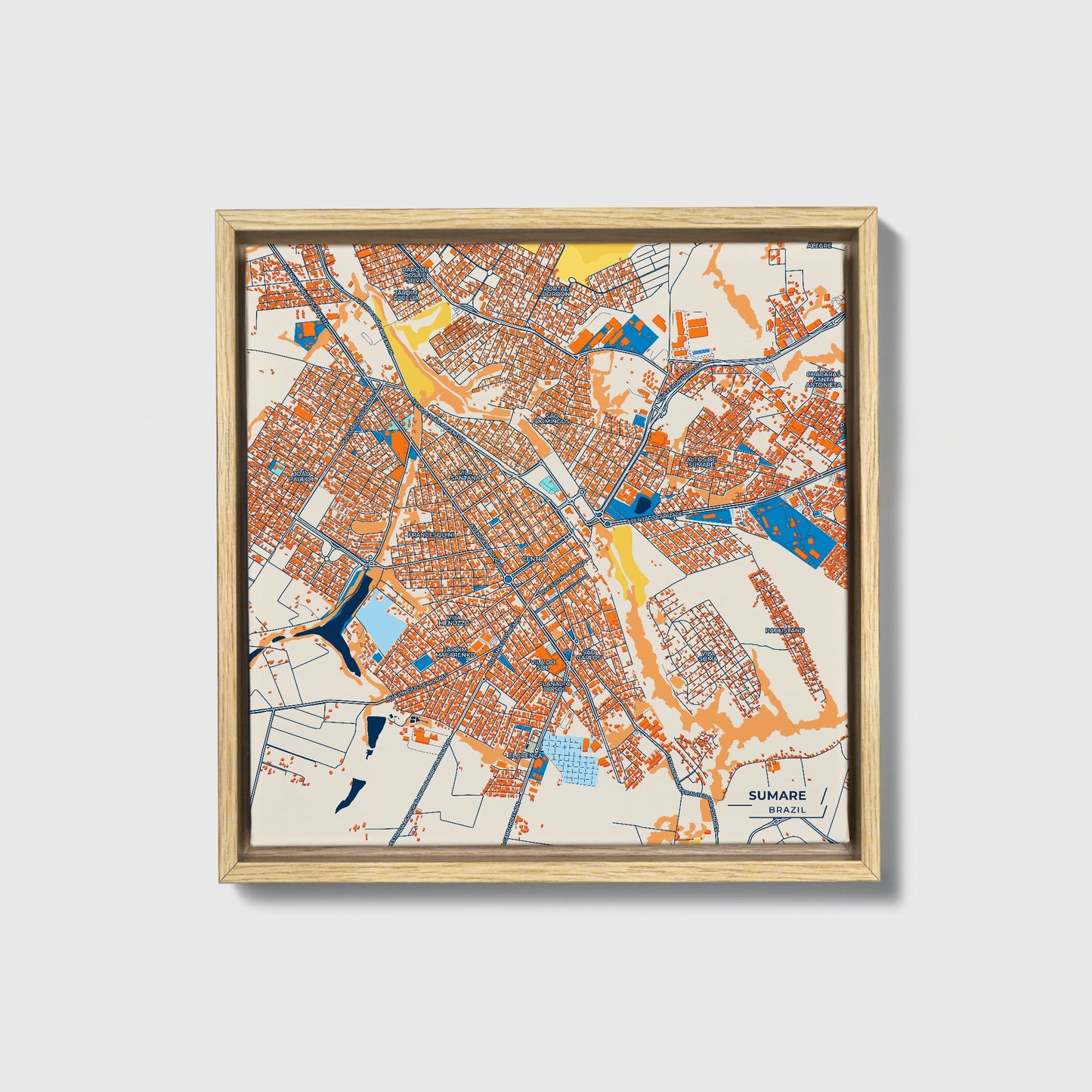 Sumare Brazil Colorful City Map Canvas Print • Natural Wooden Framed