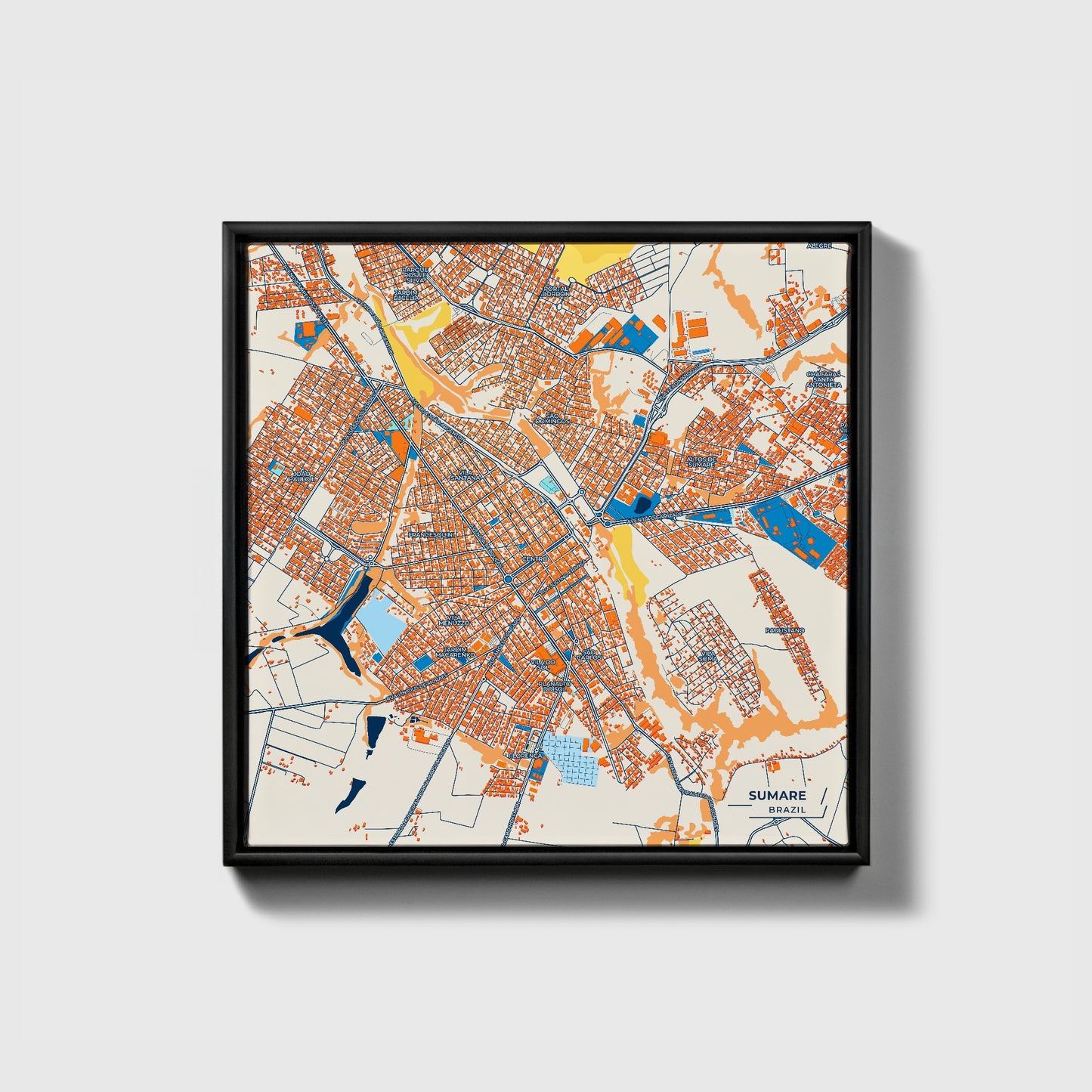 Sumare Brazil Colorful City Map Canvas Print • Black Framed