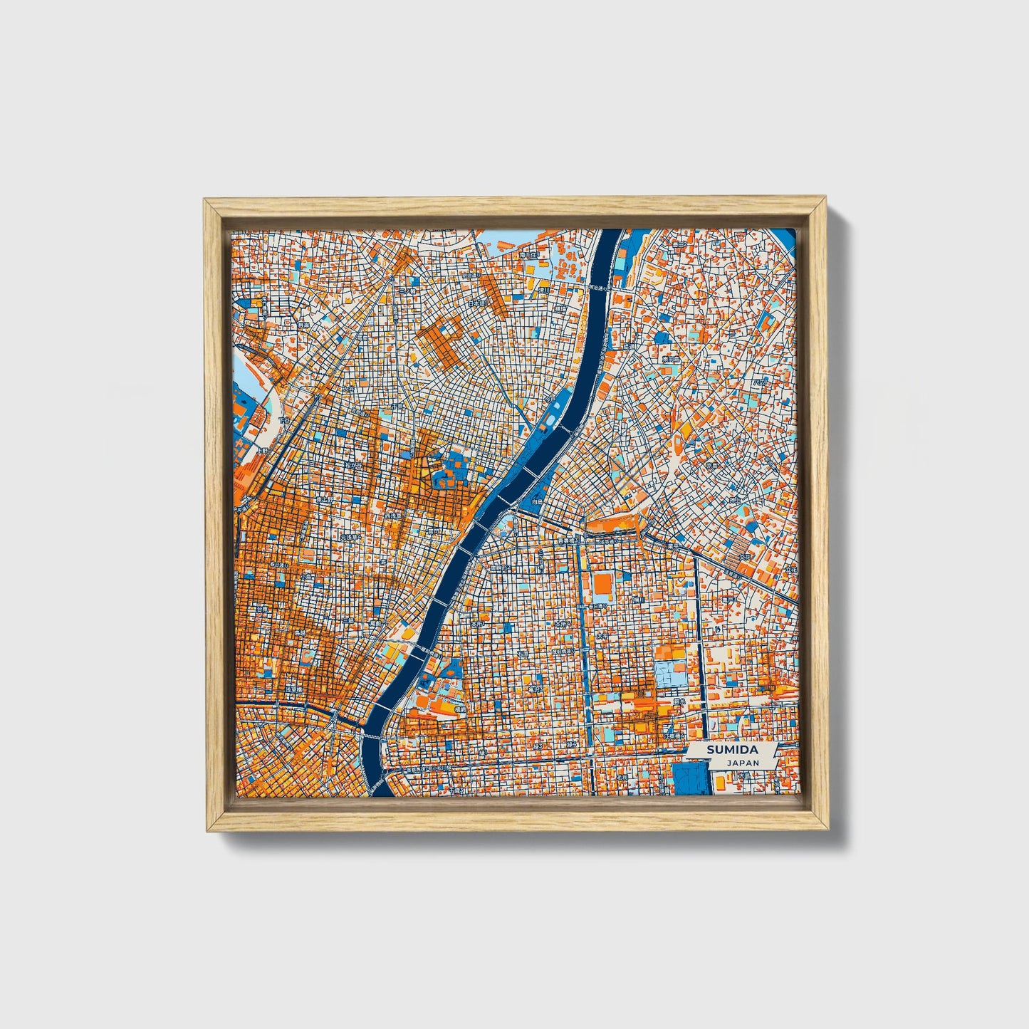 Sumida Japan Colorful City Map Canvas Print • Natural Wooden Framed