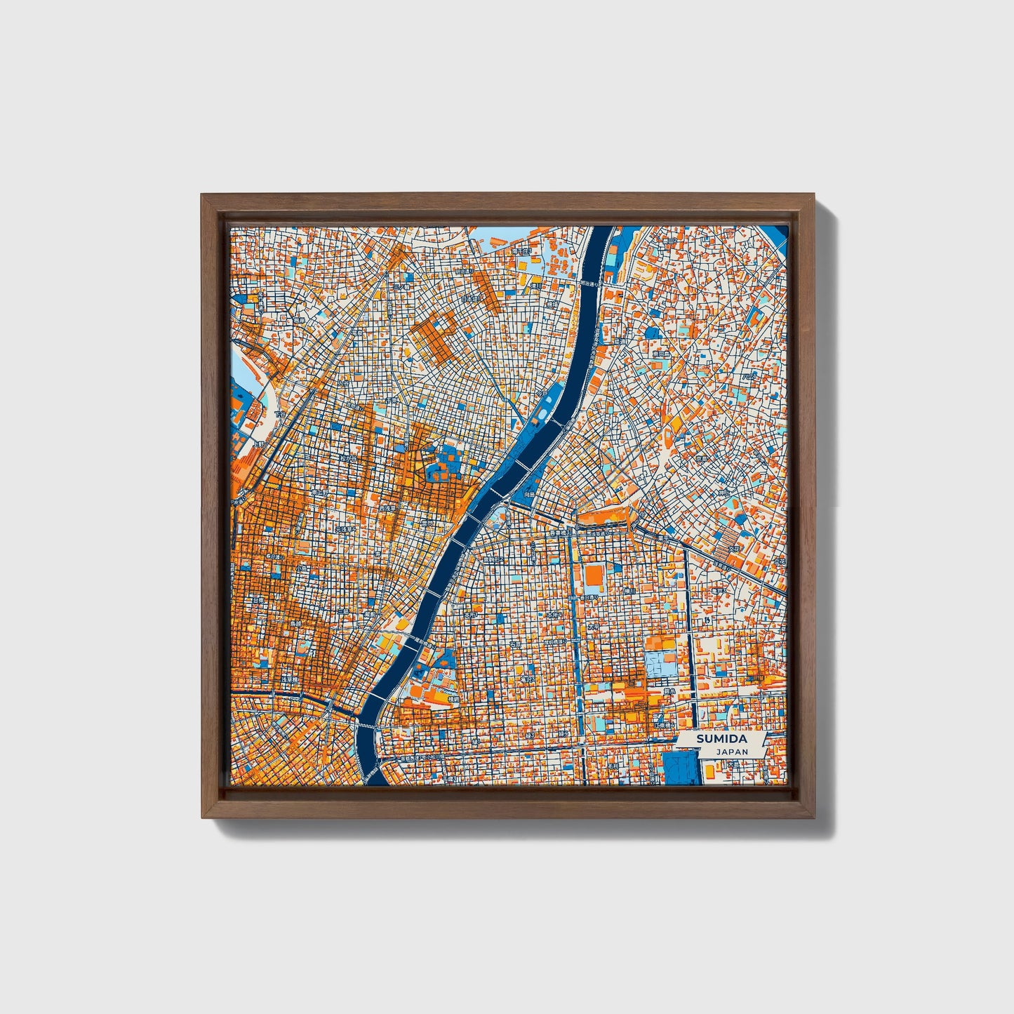 Sumida Japan Colorful City Map Canvas Print • Dark Wooden Framed