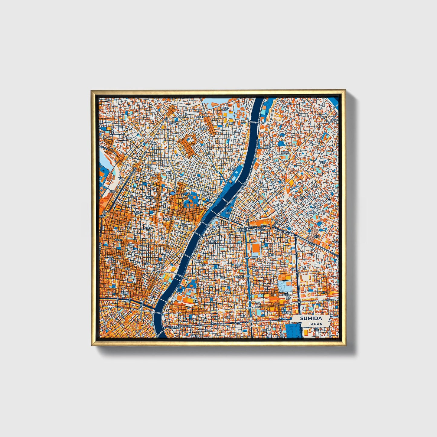 Sumida Japan Colorful City Map Canvas Print • Gold Framed
