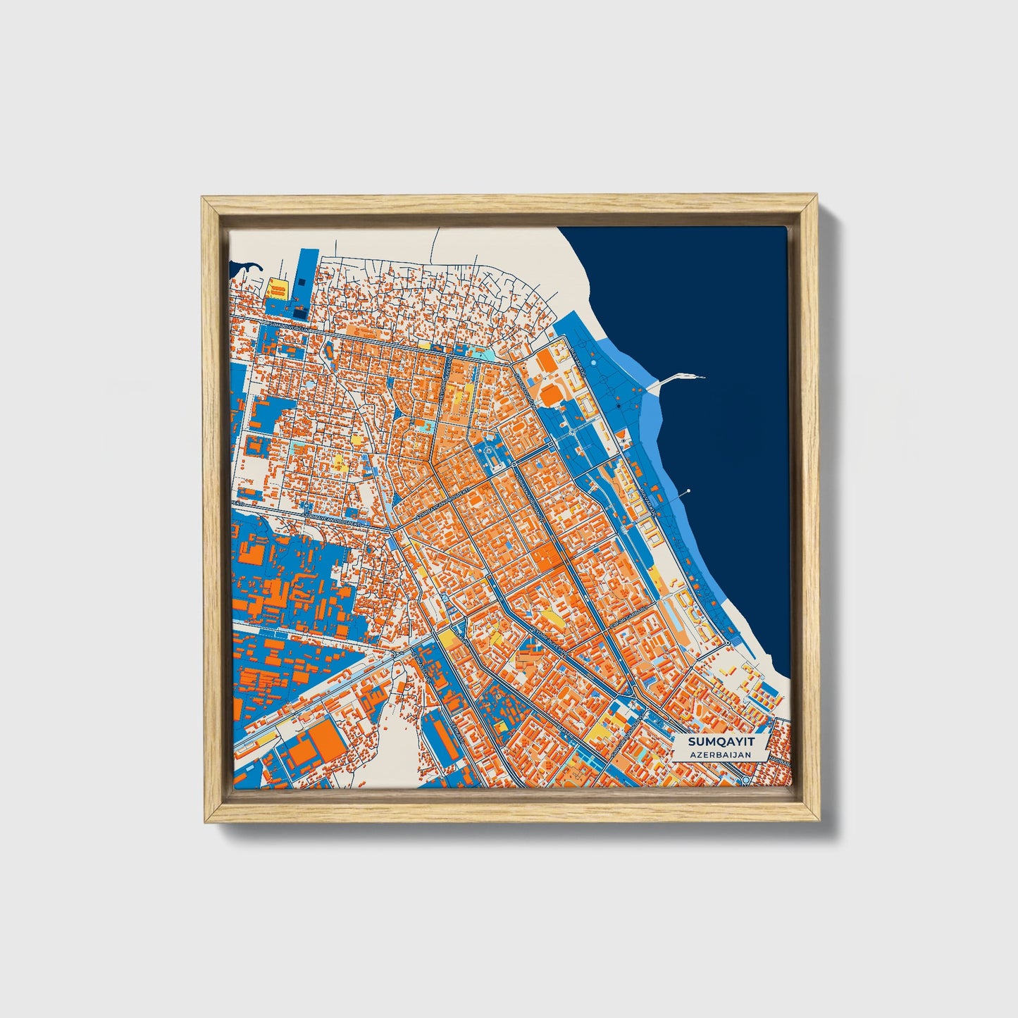 Sumqayit Azerbaijan Colorful City Map Canvas Print • Natural Wooden Framed