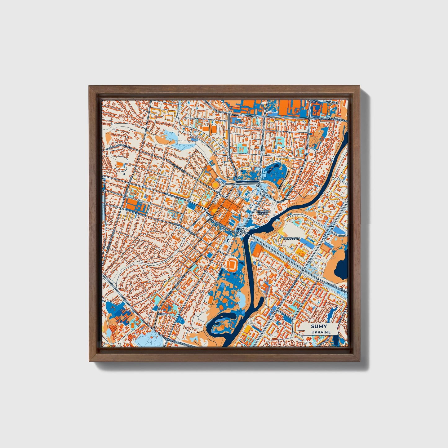 Суми Ukraine Colorful City Map Canvas Print • Dark Wooden Framed