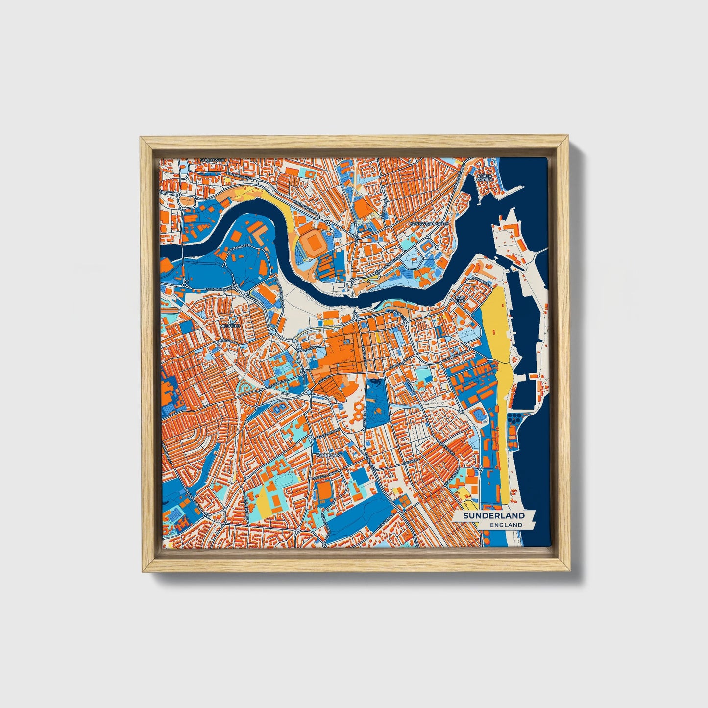 Sunderland England Colorful City Map Canvas Print • Natural Wooden Framed