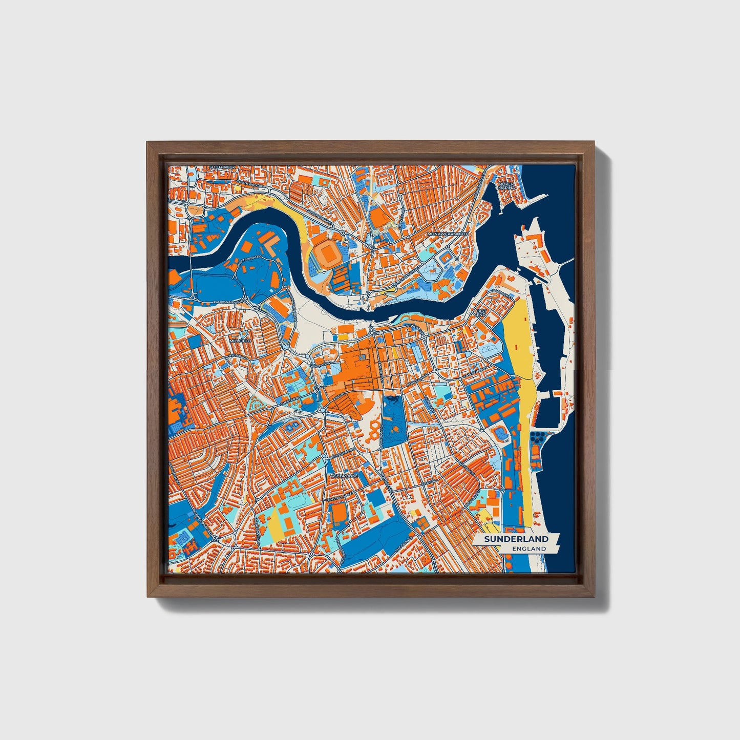 Sunderland England Colorful City Map Canvas Print • Dark Wooden Framed