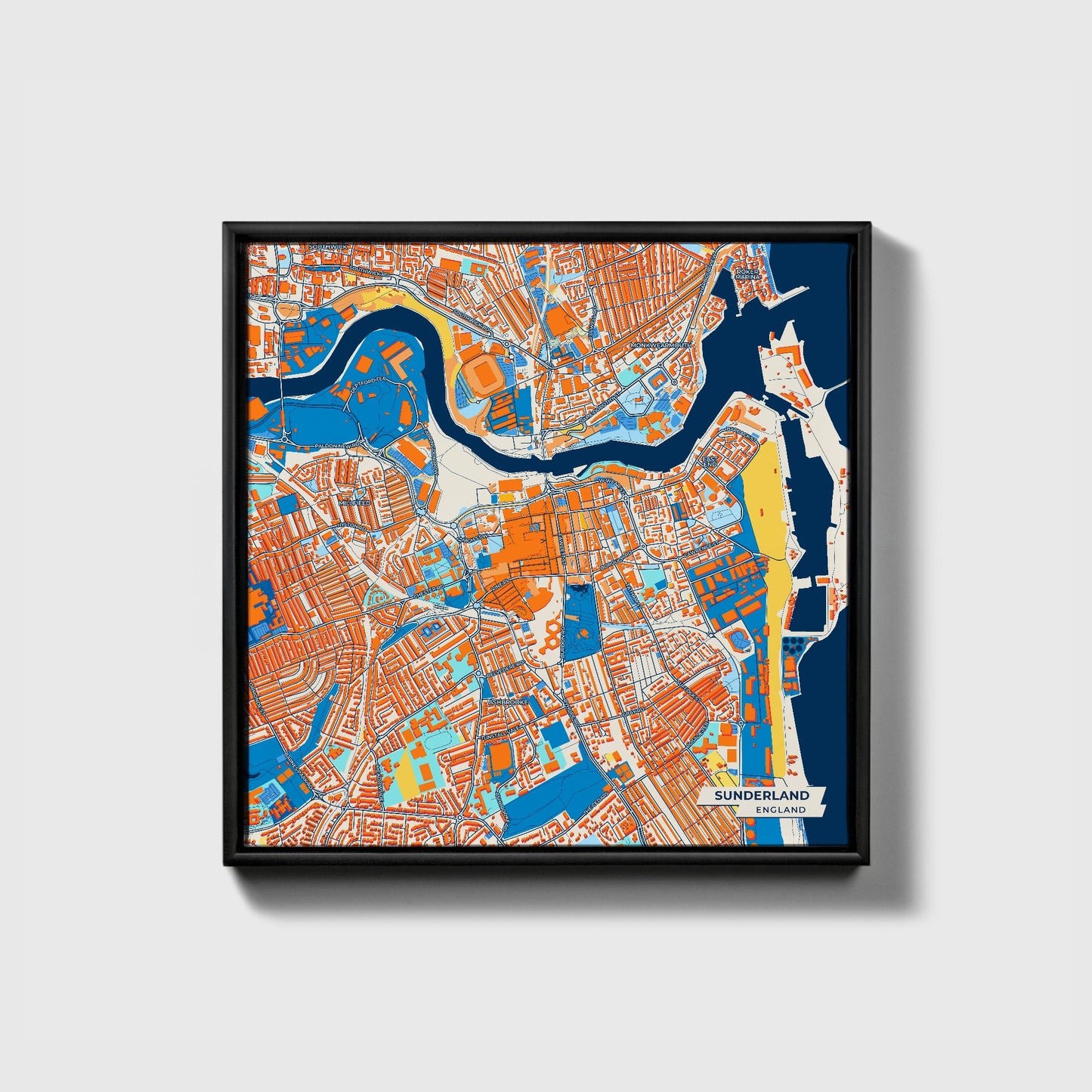 Sunderland England Colorful City Map Canvas Print • Black Framed