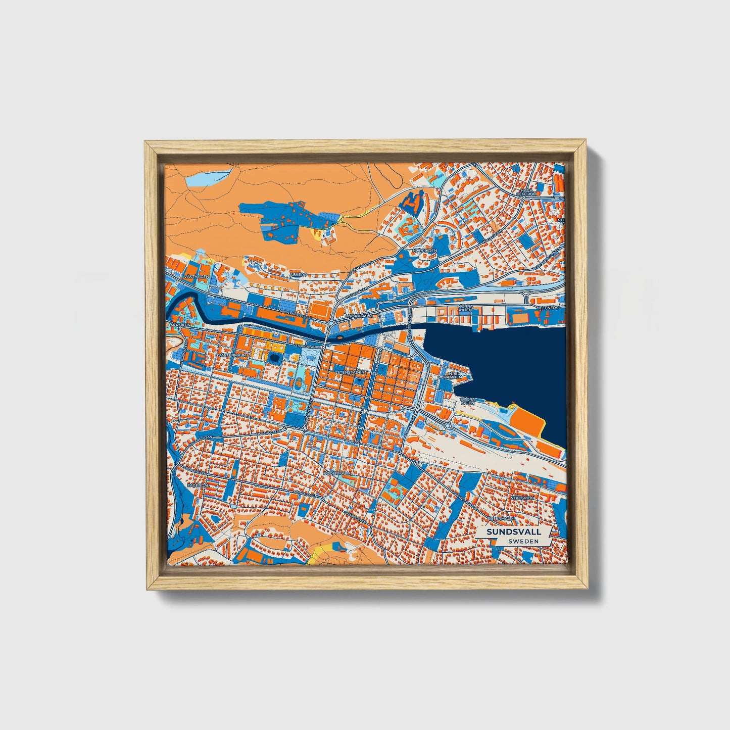 Sundsvall Sweden Colorful City Map Canvas Print • Natural Wooden Framed