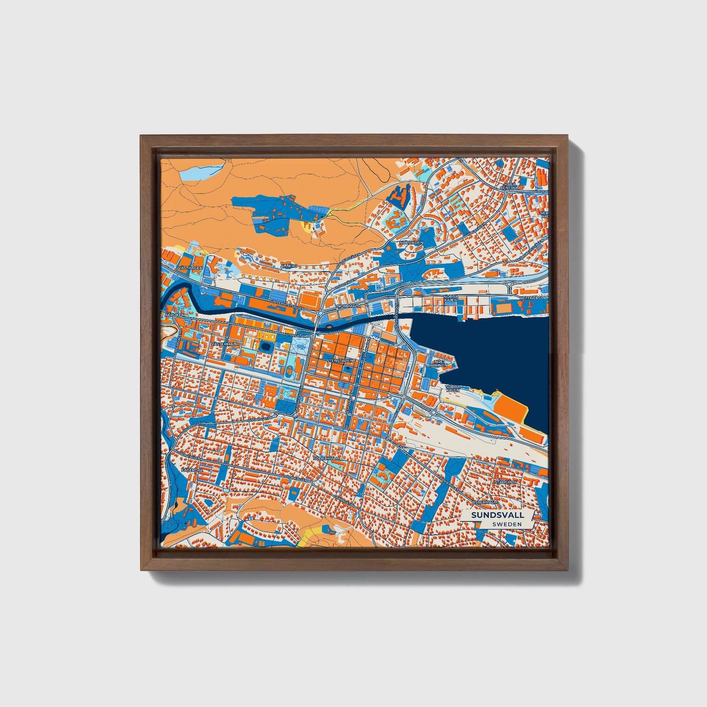 Sundsvall Sweden Colorful City Map Canvas Print • Dark Wooden Framed