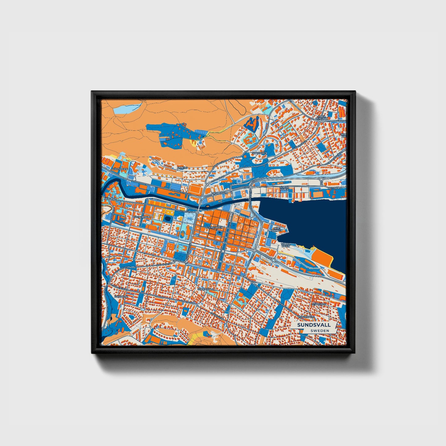 Sundsvall Sweden Colorful City Map Canvas Print • Black Framed