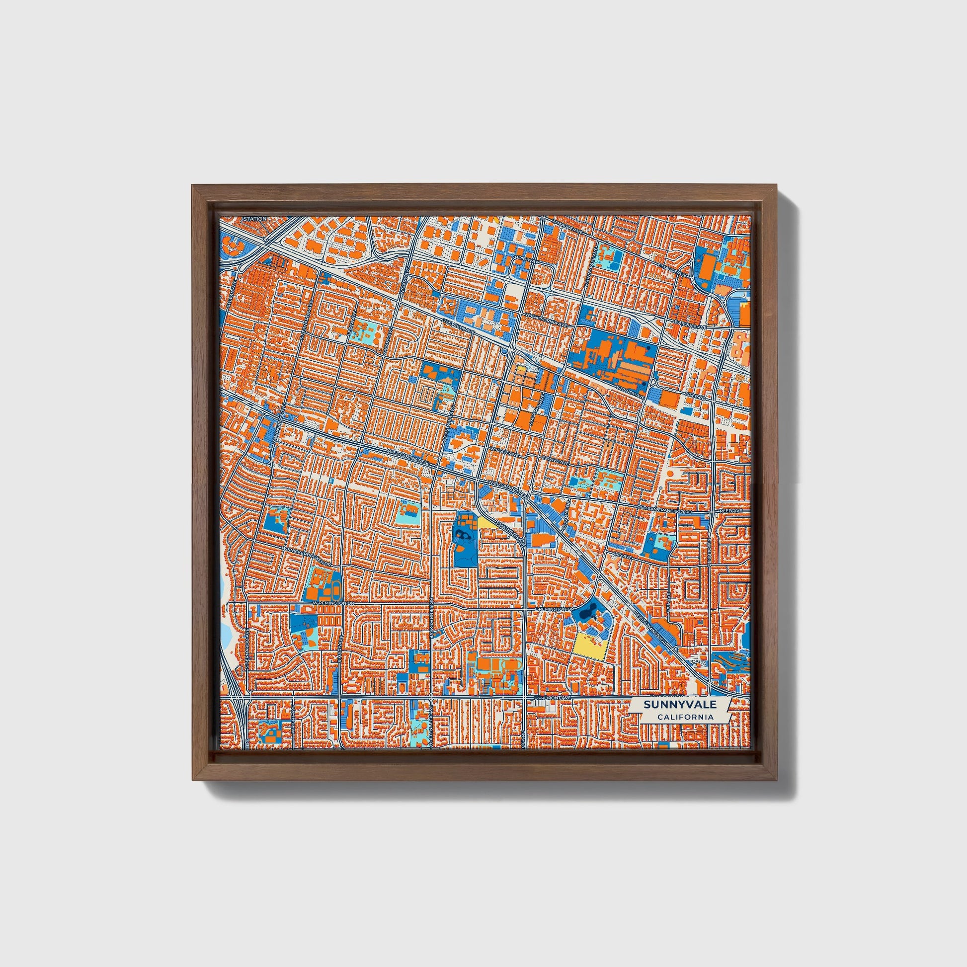 Sunnyvale California Colorful City Map Canvas Print • Dark Wooden Framed