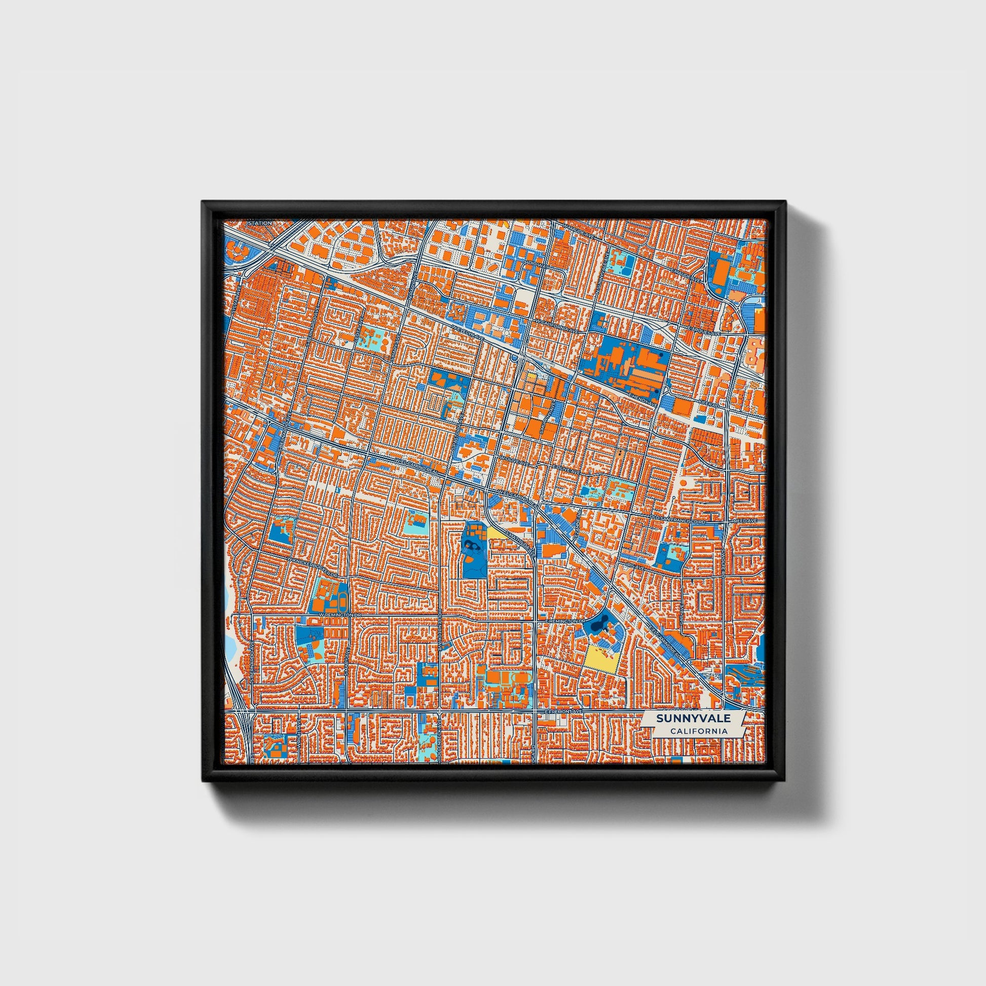 Sunnyvale California Colorful City Map Canvas Print • Black Framed