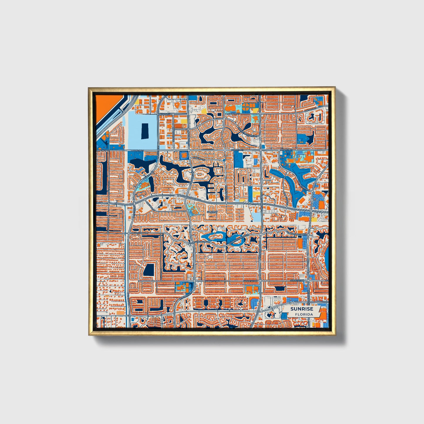 Sunrise Florida Colorful City Map Canvas Print • Gold Framed
