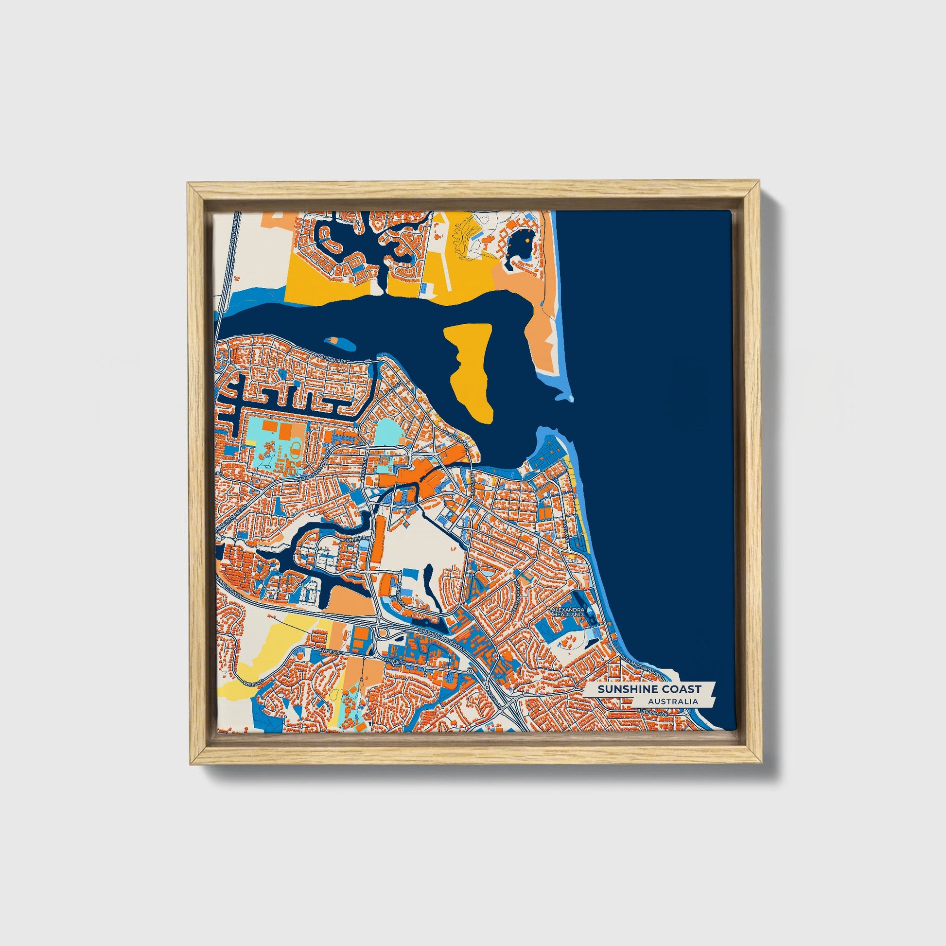 Sunshine Coast Australia Colorful City Map Canvas Print • Natural Wooden Framed