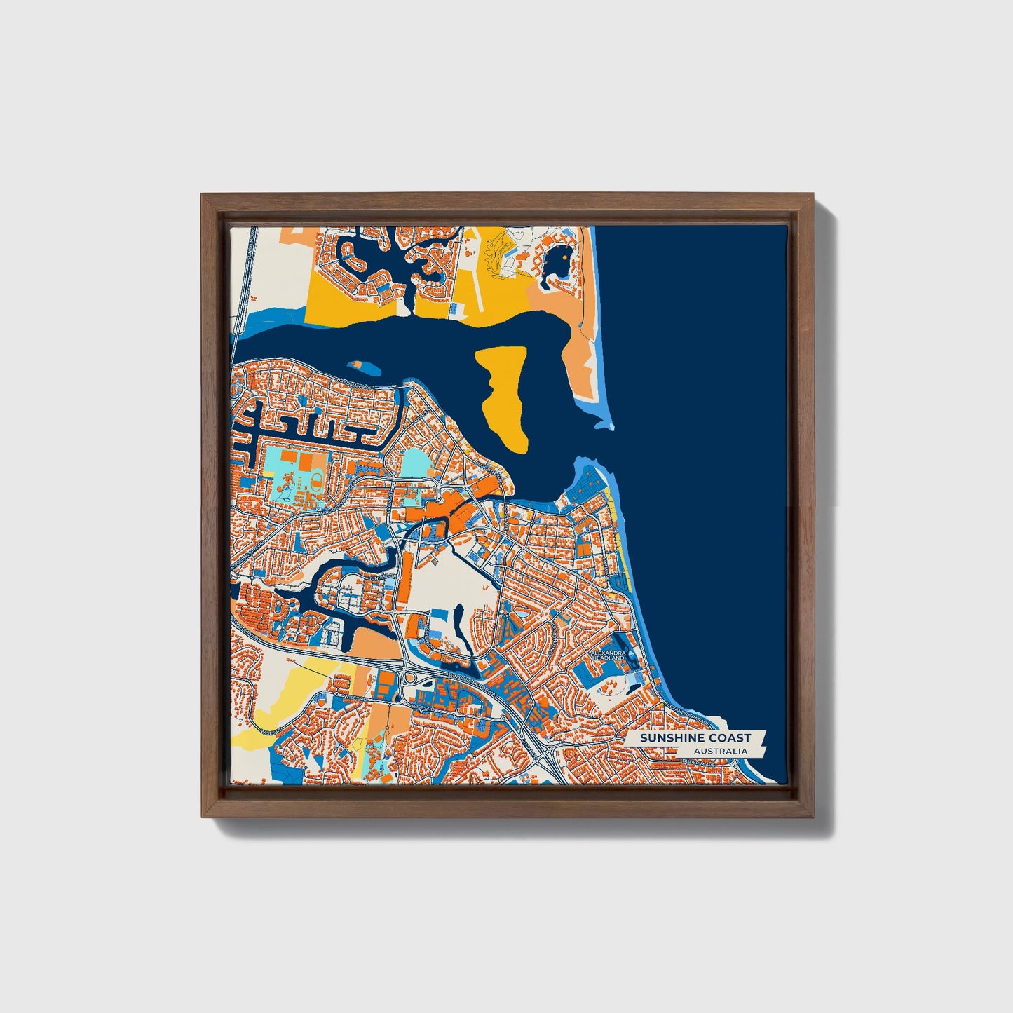 Sunshine Coast Australia Colorful City Map Canvas Print • Dark Wooden Framed