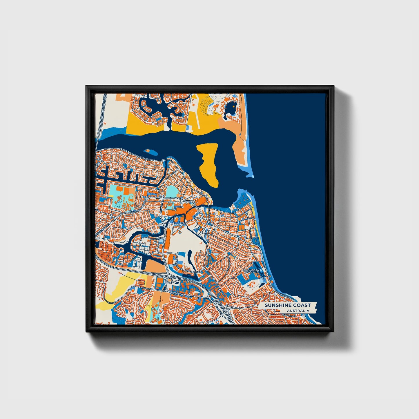 Sunshine Coast Australia Colorful City Map Canvas Print • Black Framed