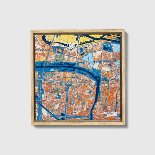 Suqian China Colorful City Map Canvas Print • Natural Wooden Framed