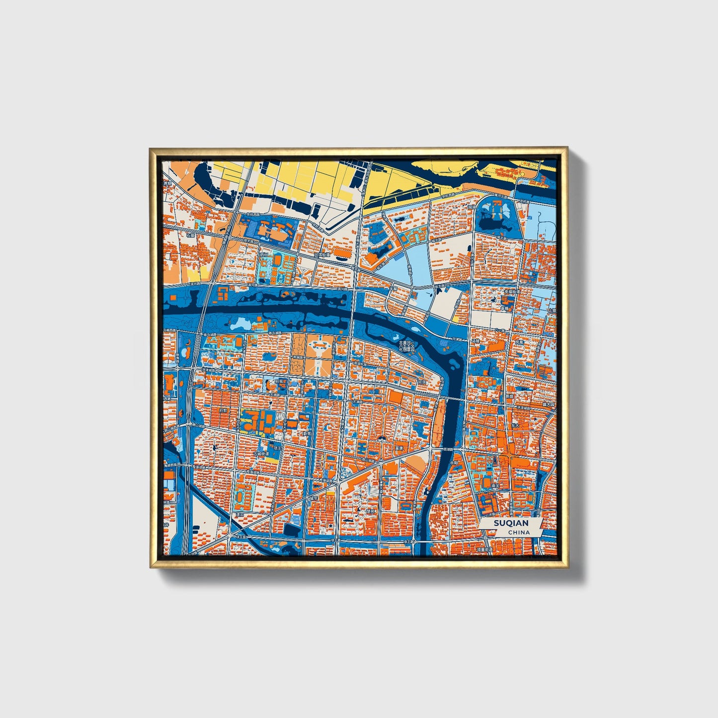 Suqian China Colorful City Map Canvas Print • Gold Framed