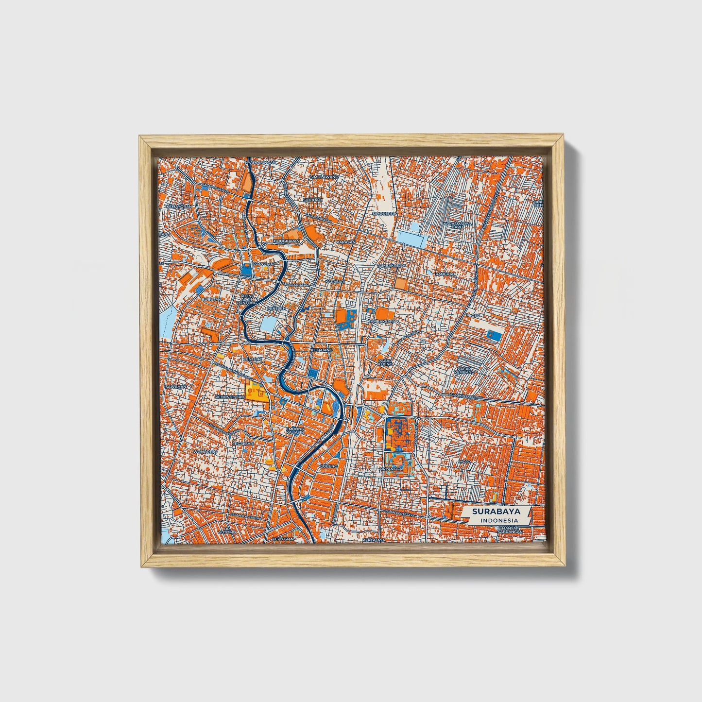 Surabaya Indonesia Colorful City Map Canvas Print • Natural Wooden Framed