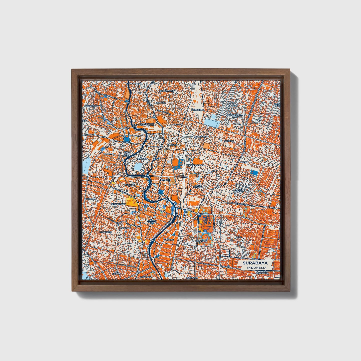 Surabaya Indonesia Colorful City Map Canvas Print • Dark Wooden Framed