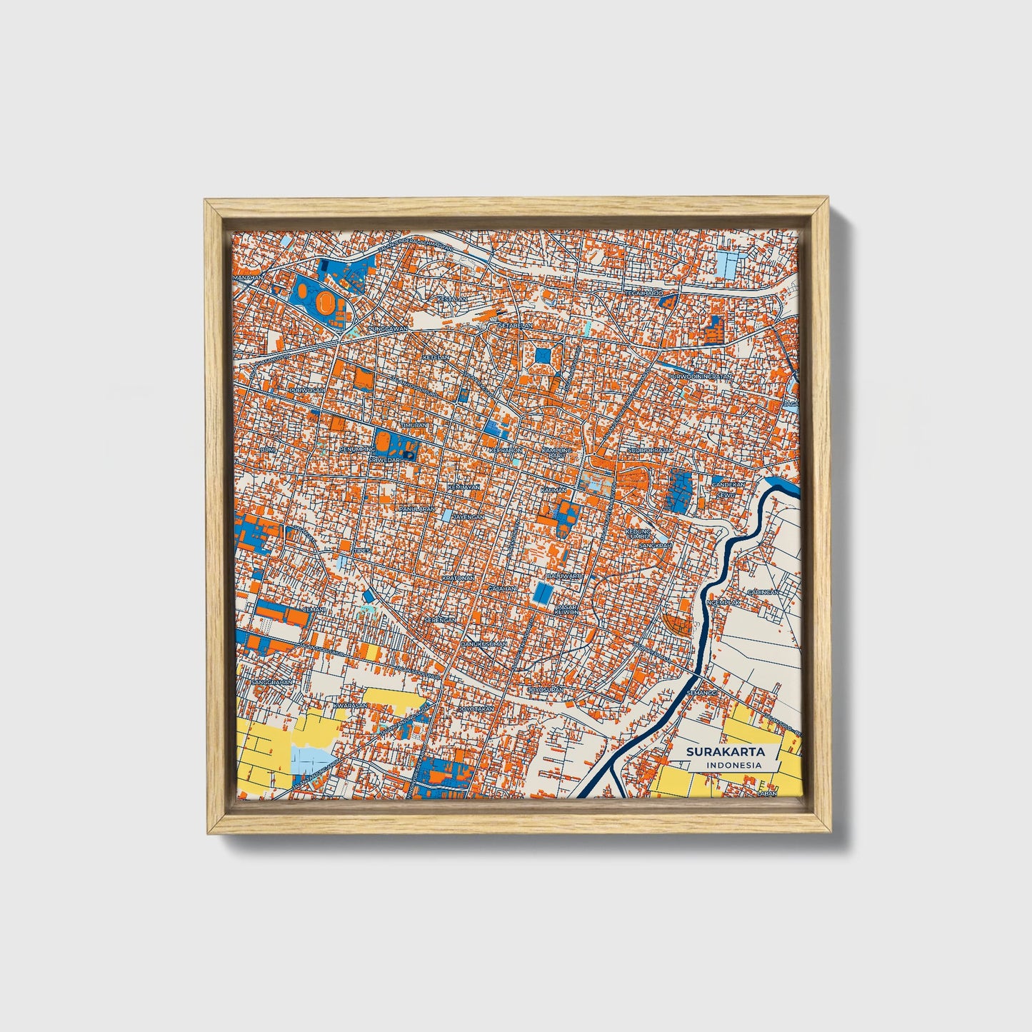 Surakarta Indonesia Colorful City Map Canvas Print • Natural Wooden Framed